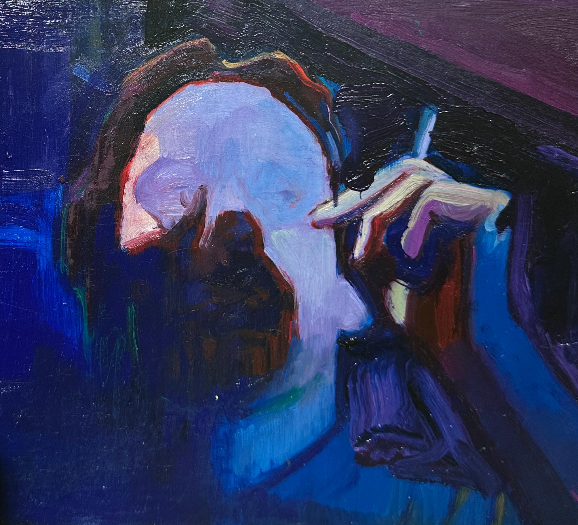 Video Blood - Single Figure, Smoking, Dark, Moody Colors, Oil on Panel - Black Interior Painting by Georgia Hinaris