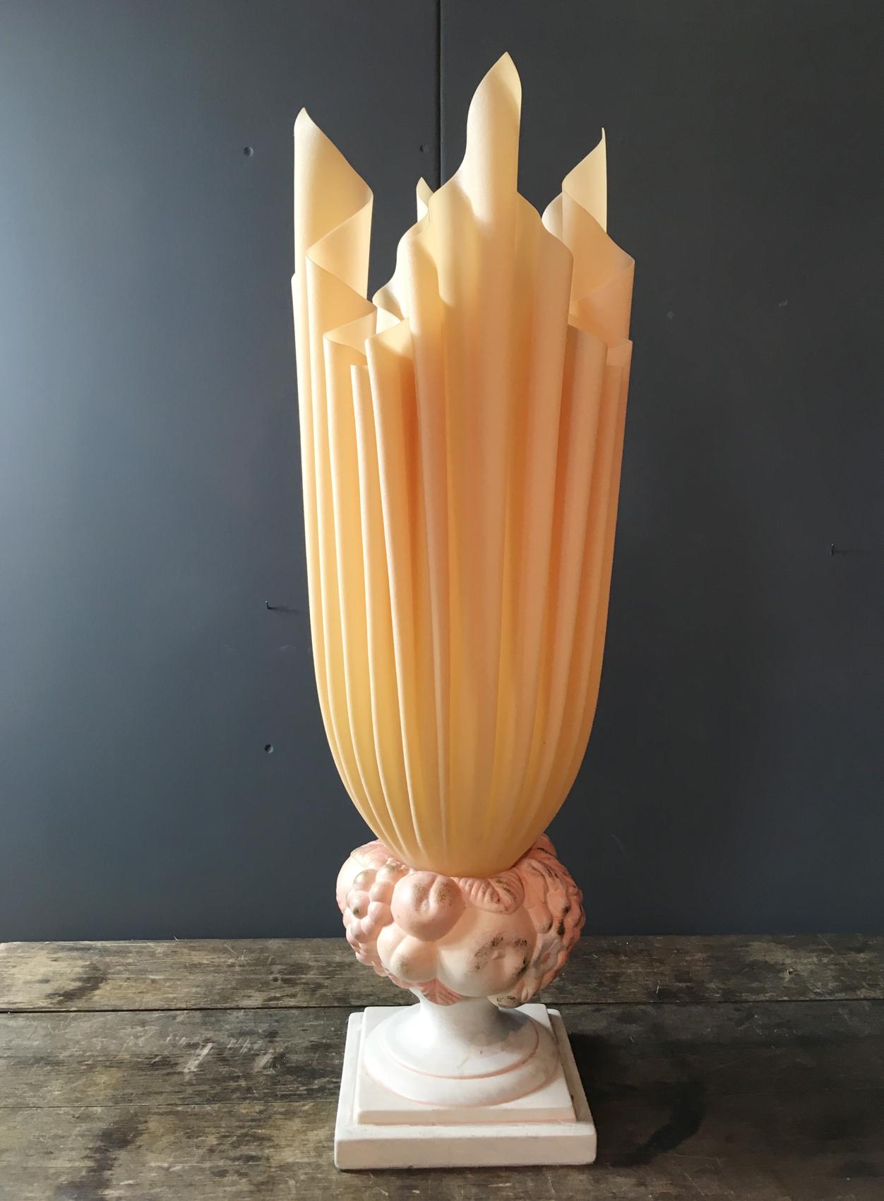 Rare Georgia Jacob 'fruit D'Ange' table lamp (fruit angel),

1970s.


Soft pink handkerchief design, formed fabric/resin shade with ceramic fruit Stand base


French



Measures: Height 79cm 

Width of base 19.5cm 

Width at top of