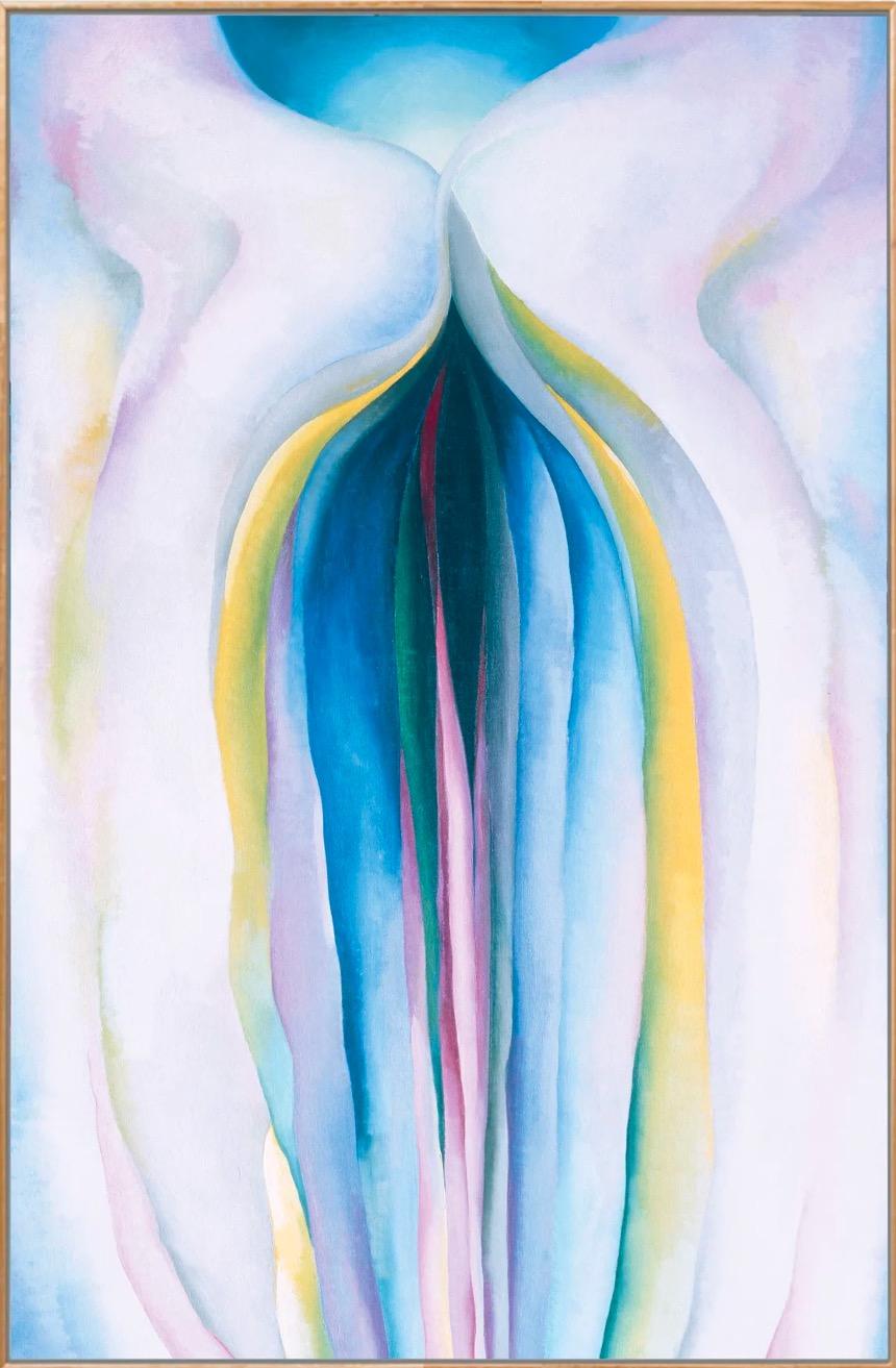 This framed print features a reproduction of Grey Lines with Black, Blue, and Yellow (c. 1923) by Georgia O'Keeffe, a world renowned artist. The piece mounted and laminated for protection from dust and UV rays, and floated in a 2"-deep frame made