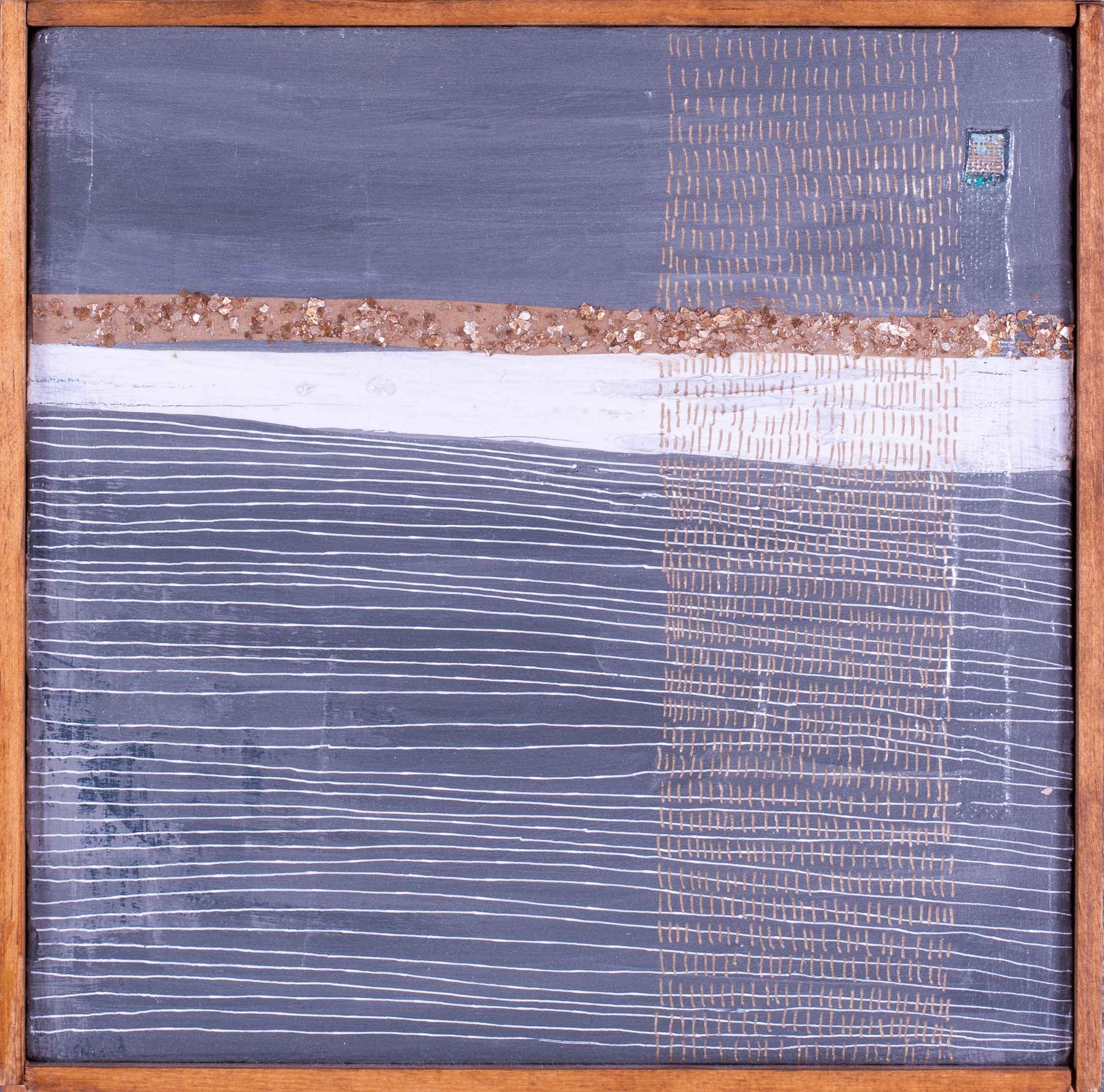 Giorgia Siriaco (American, 21st Century)
Gold granules on lines
Mixed media on board
Signed and dated `Georgia Siriaco 2015’ (on the reverse)
9.1/2 x 9.1/2 in. (24 x 24 cm.) including frame
