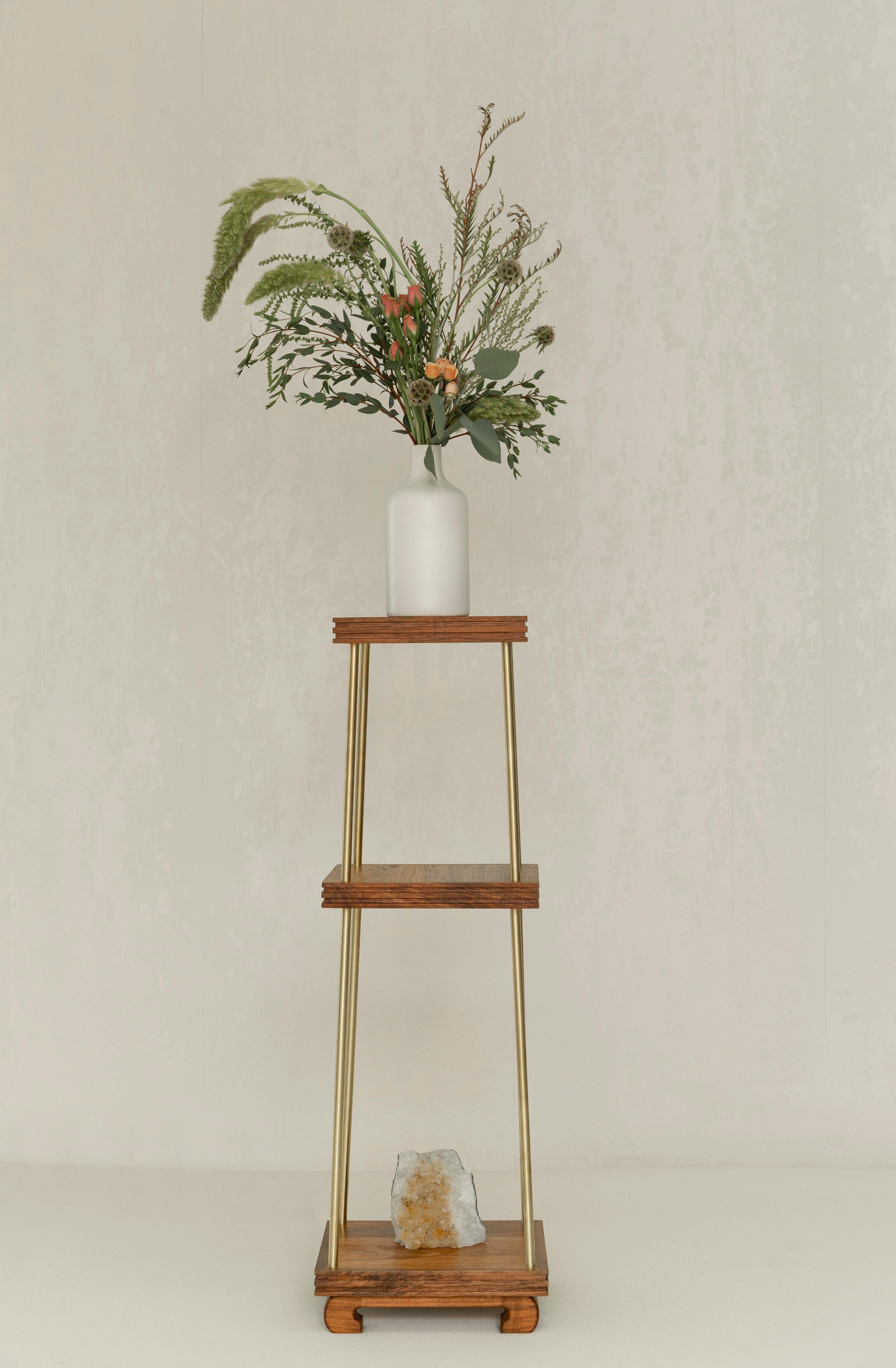 The Georgia side table was inspired by the painter Georgia O´ Keefe. It was first imagined as a side table to feature flowers or orchids. The table is made out of a brass structure and has solid wood shelving. It is a very unique accent that can be