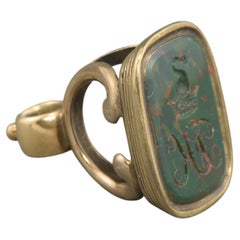 Georgian 10K Gold Watch Fob Pendant - Bloodstone Intaglio of Swan & Crown