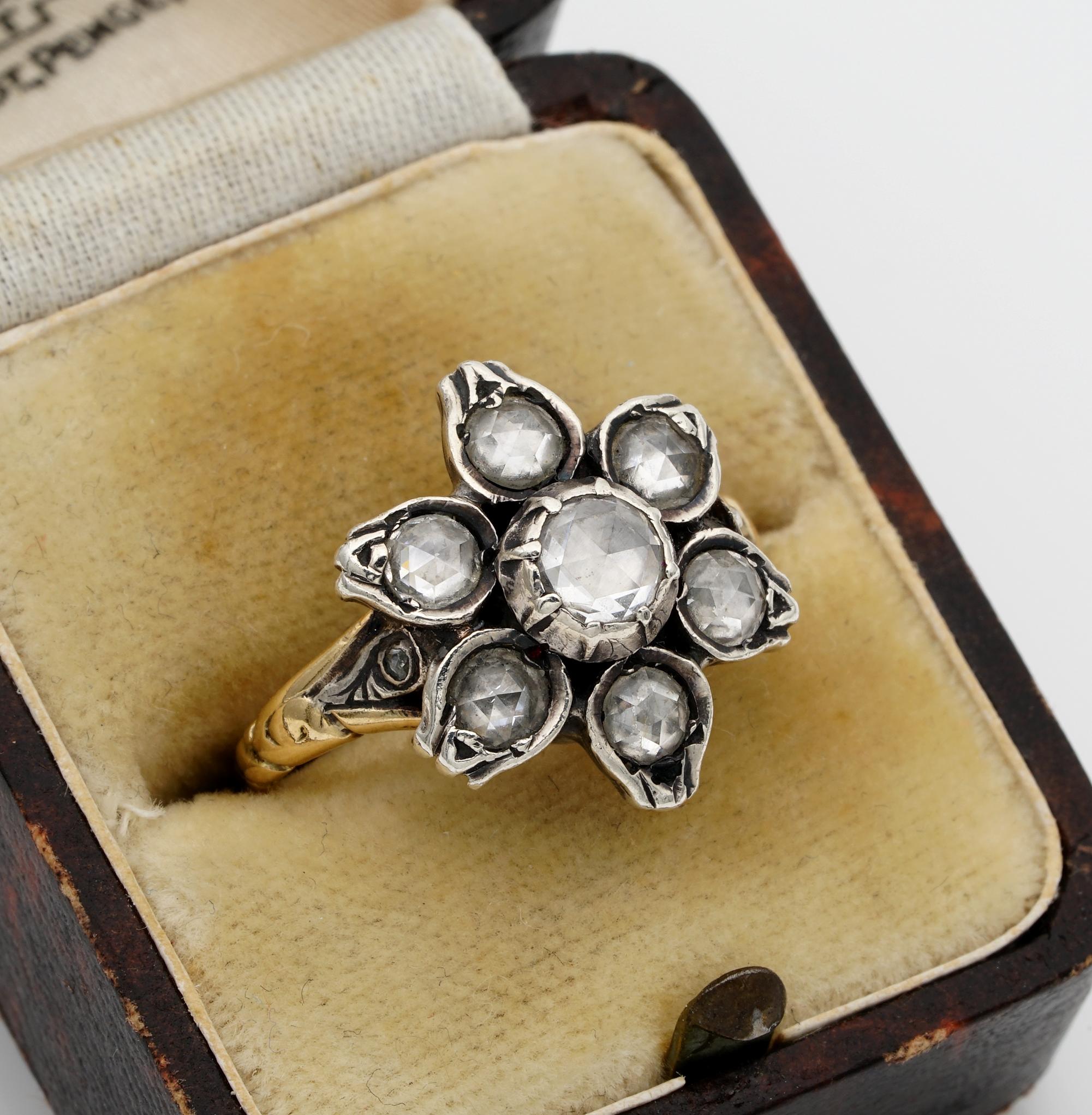 Women's Georgian 1.10 Carat Rose Cut Diamond Rare Flower Ring For Sale