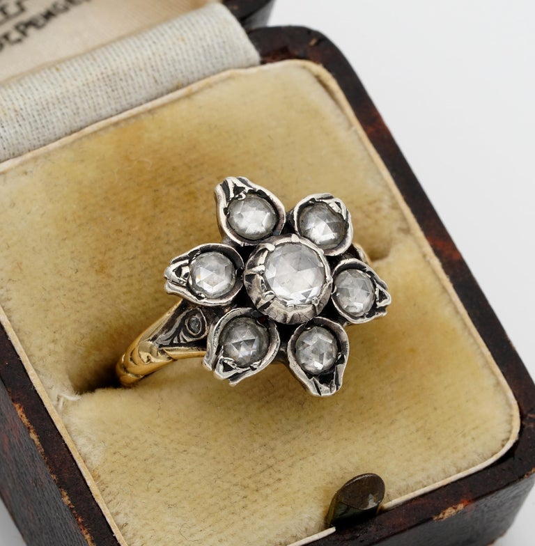Georgian 1.10 Carat Rose Cut Diamond Rare Flower Ring For Sale at 1stDibs