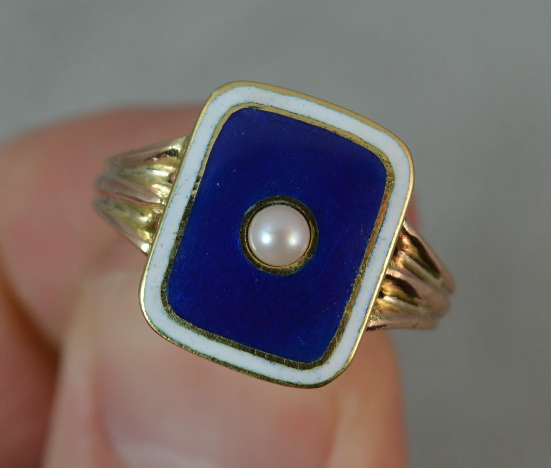 Georgian 12 Carat Gold Pearl Blue White Enamel Panel Mourning Signet Ring 7