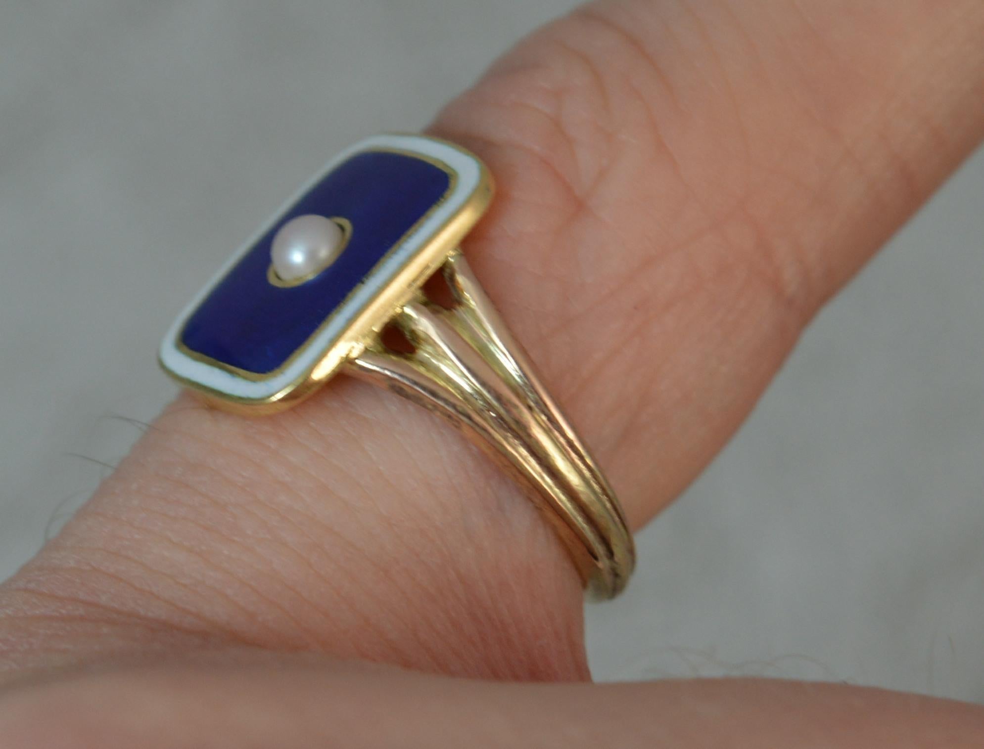 Georgian 12 Carat Gold Pearl Blue White Enamel Panel Mourning Signet Ring 4