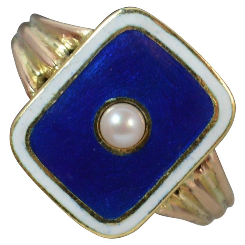 Georgian 12 Carat Gold Pearl Blue White Enamel Panel Mourning Signet Ring