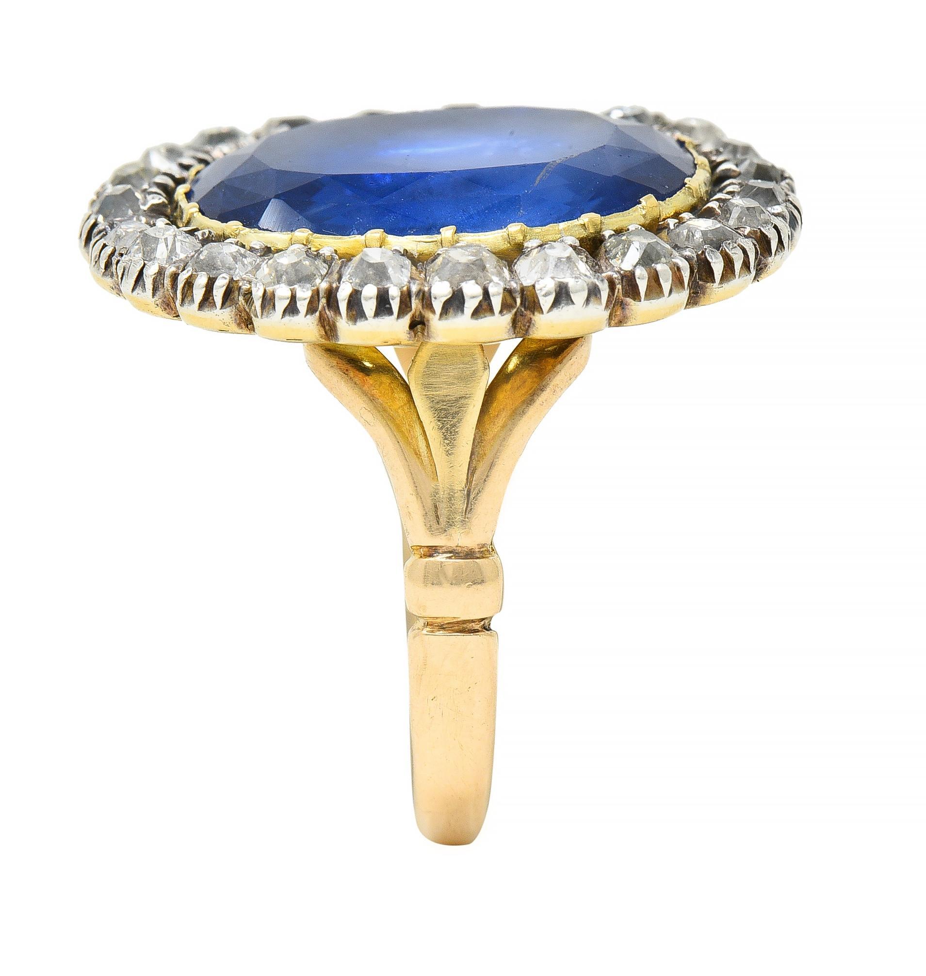 Georgian 13.01 CTW No Heat Burma Sapphire Diamond Antique 14 Karat Gold Ring For Sale 5