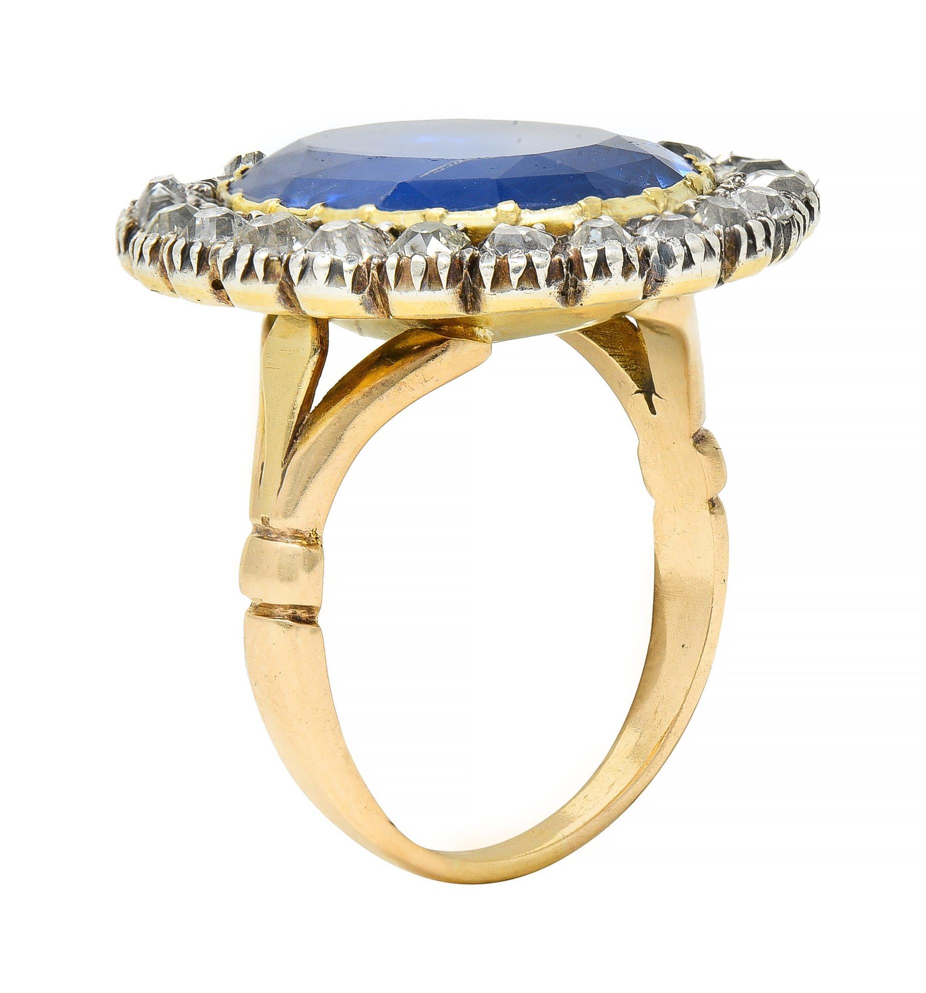 Georgian 13.01 CTW No Heat Burma Sapphire Diamond Antique 14 Karat Gold Ring For Sale 6