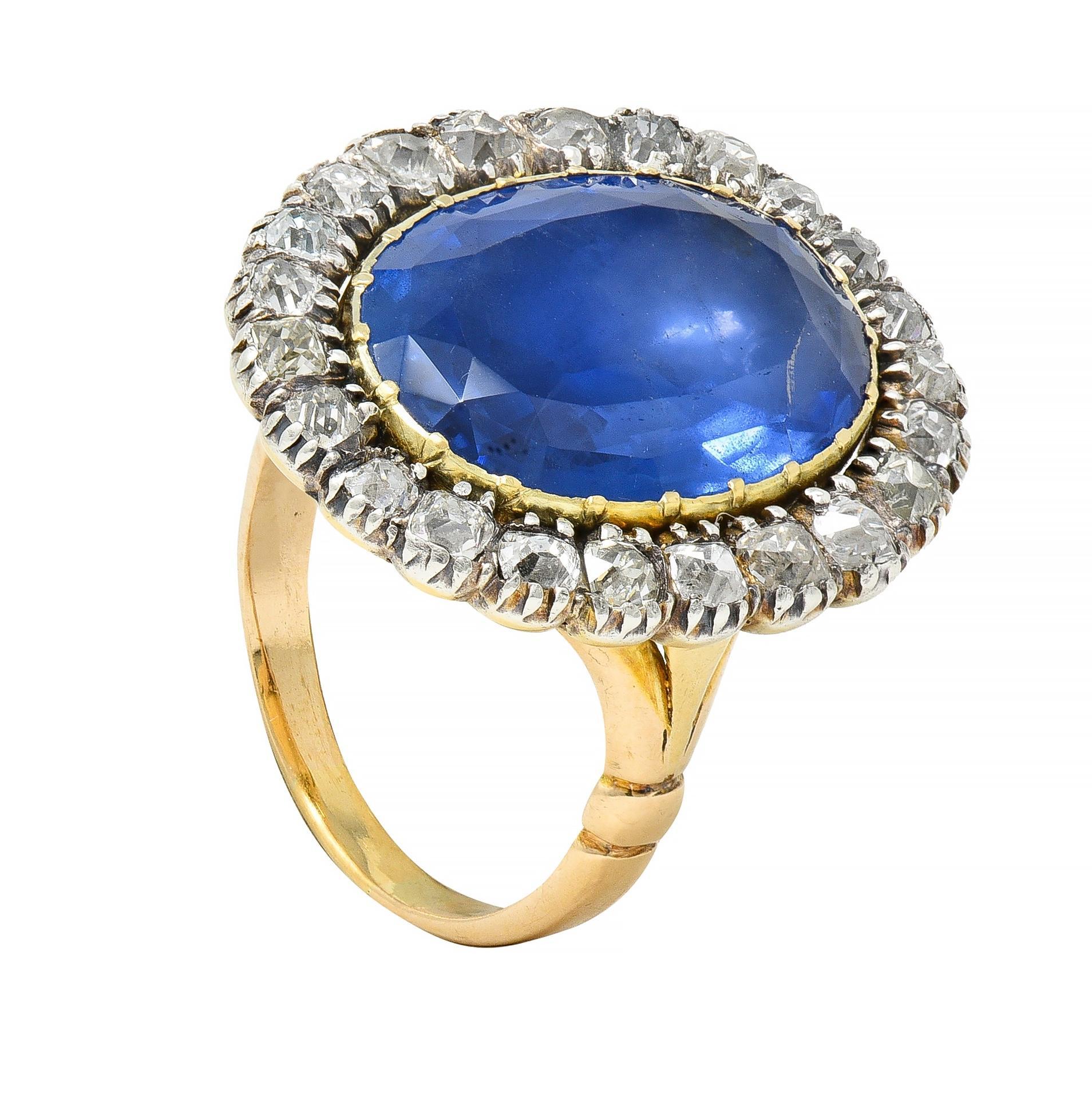 Georgian 13.01 CTW No Heat Burma Sapphire Diamond Antique 14 Karat Gold Ring For Sale 7