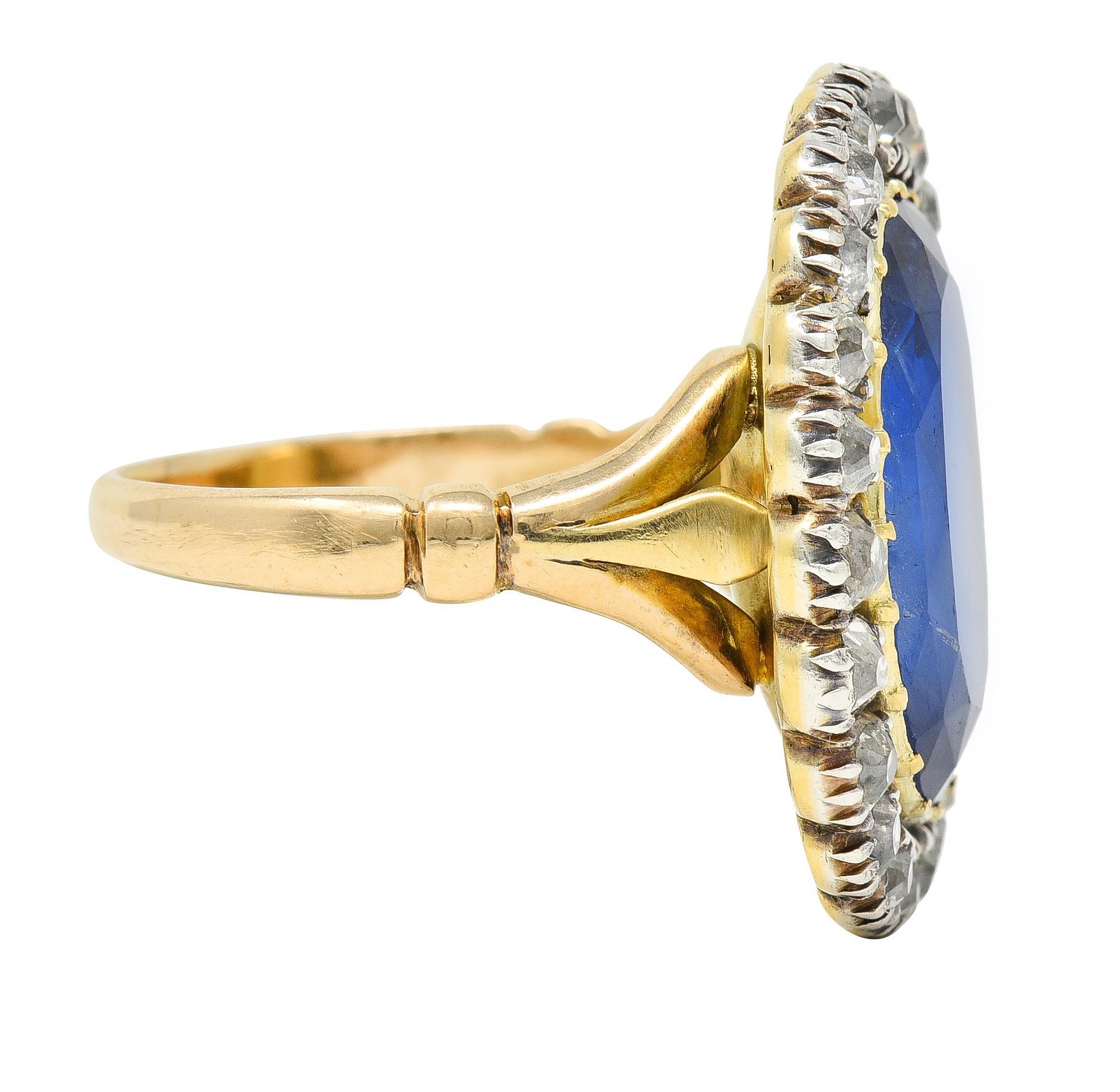 Oval Cut Georgian 13.01 CTW No Heat Burma Sapphire Diamond Antique 14 Karat Gold Ring For Sale