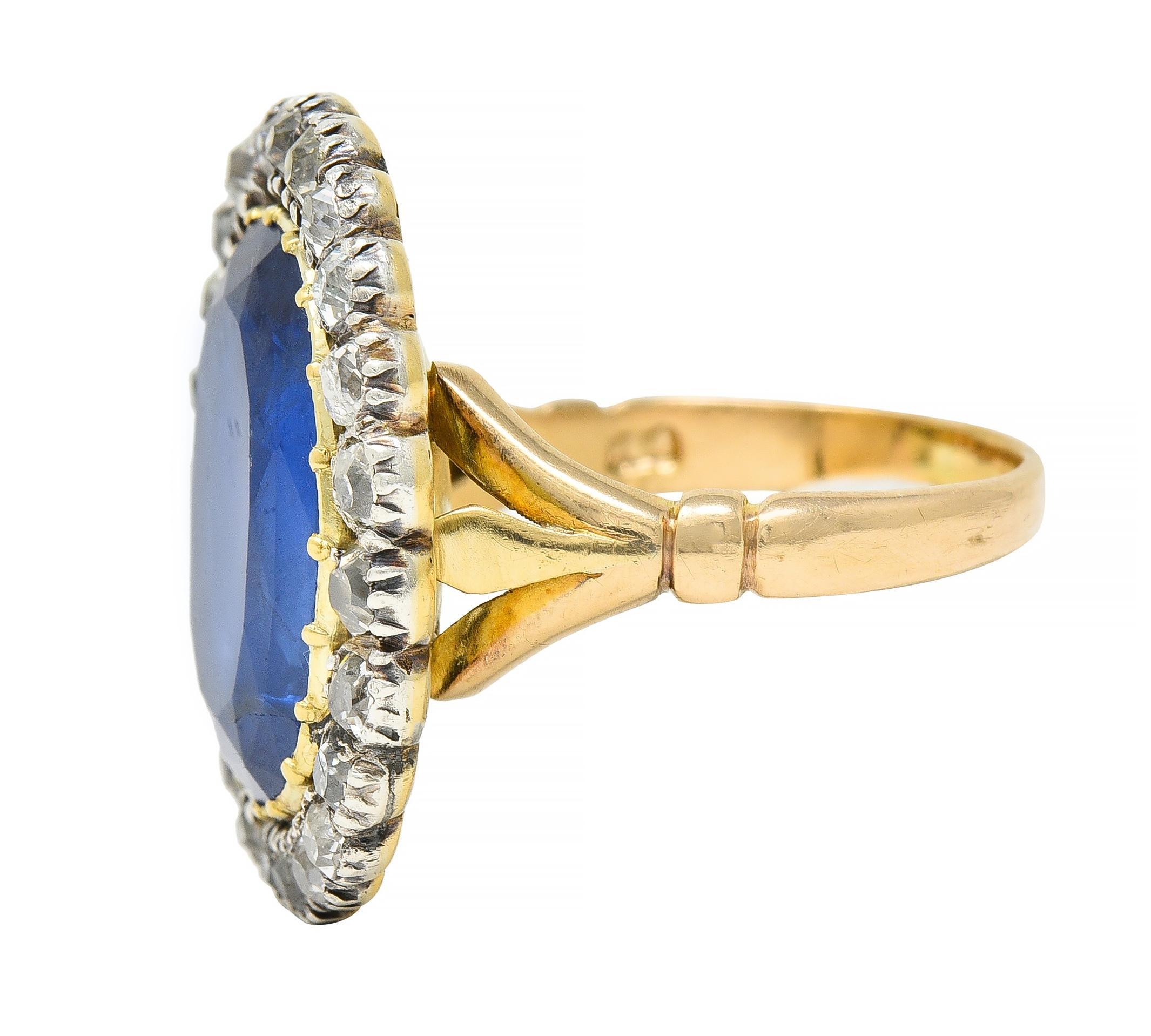 Georgian 13.01 CTW No Heat Burma Sapphire Diamond Antique 14 Karat Gold Ring For Sale 1