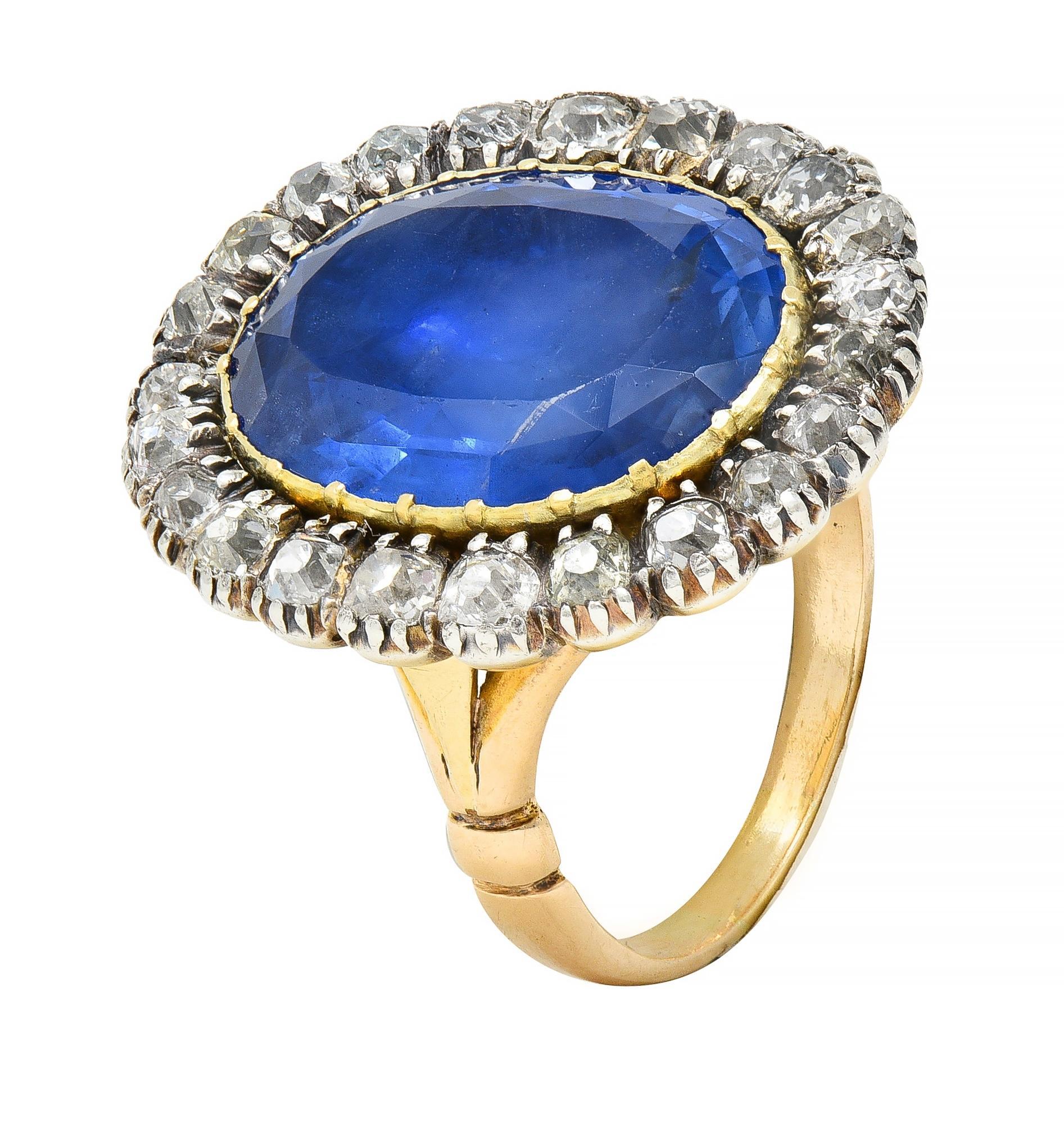 Georgian 13.01 CTW No Heat Burma Sapphire Diamond Antique 14 Karat Gold Ring For Sale 3