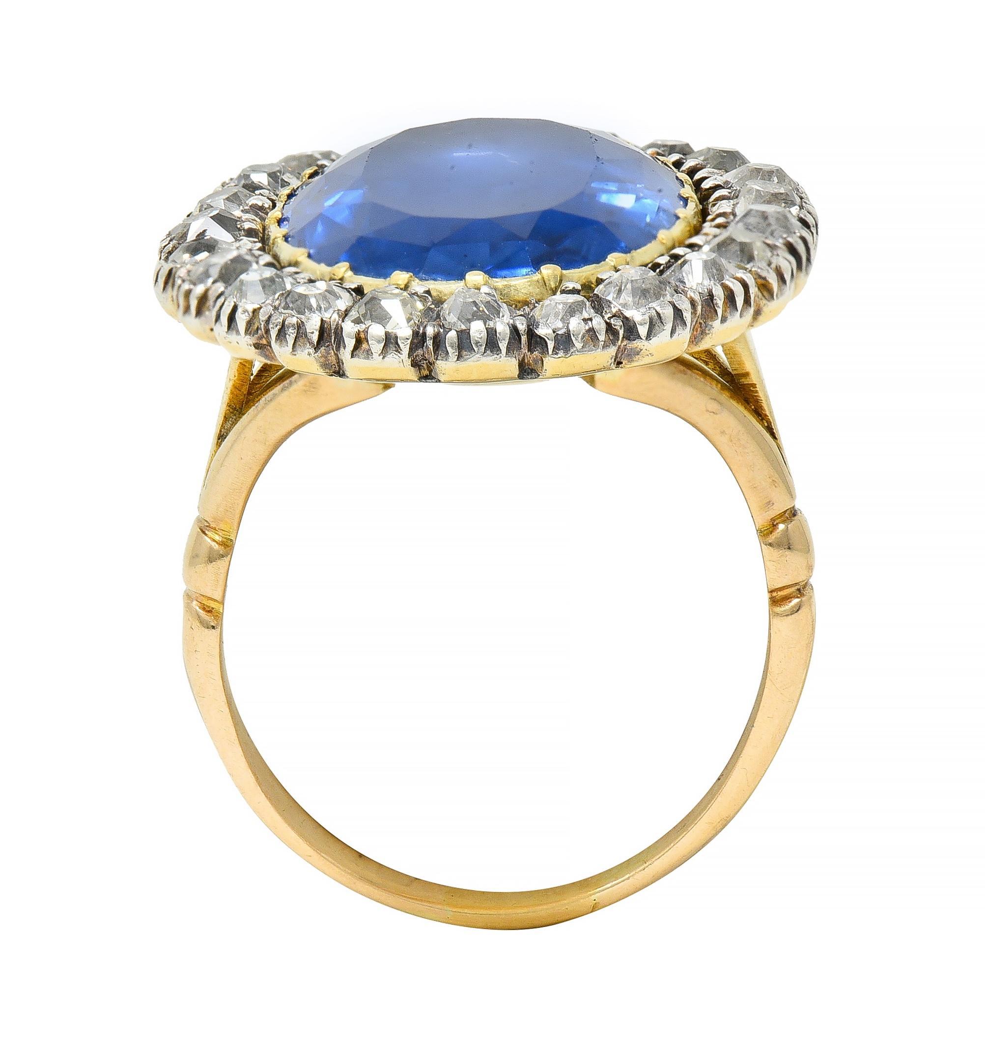 Georgian 13.01 CTW No Heat Burma Sapphire Diamond Antique 14 Karat Gold Ring For Sale 4