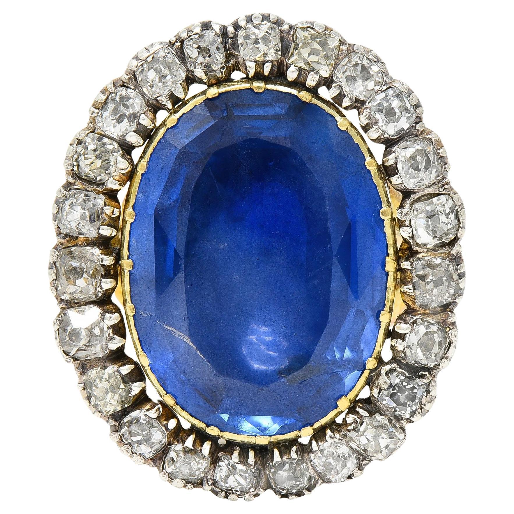 Georgian 13.01 CTW No Heat Burma Sapphire Diamond Antique 14 Karat Gold Ring For Sale