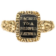 Antique Georgian 14 Karat Gold, Black Enamel and Seed Pearl Swivel Mourning Ring, c.1817