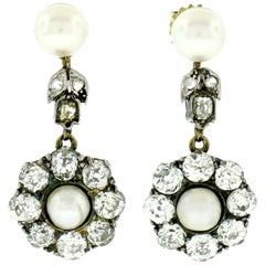 Georgian 14 Karat Gold GIA Natural Pearl Mine Diamond Halo Dangle Earrings