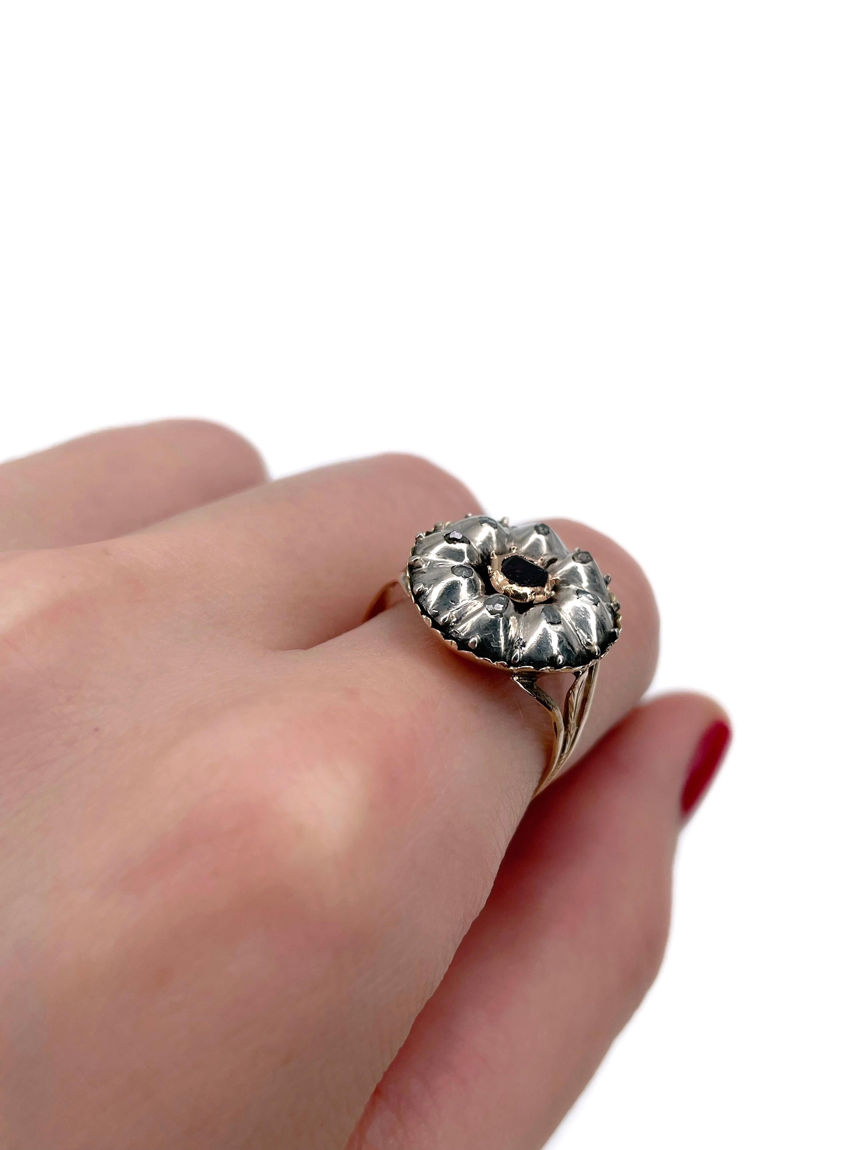 Mixed Cut Georgian 14 Karat Gold Silver Ruby Rose Cut Diamond Cluster Ring