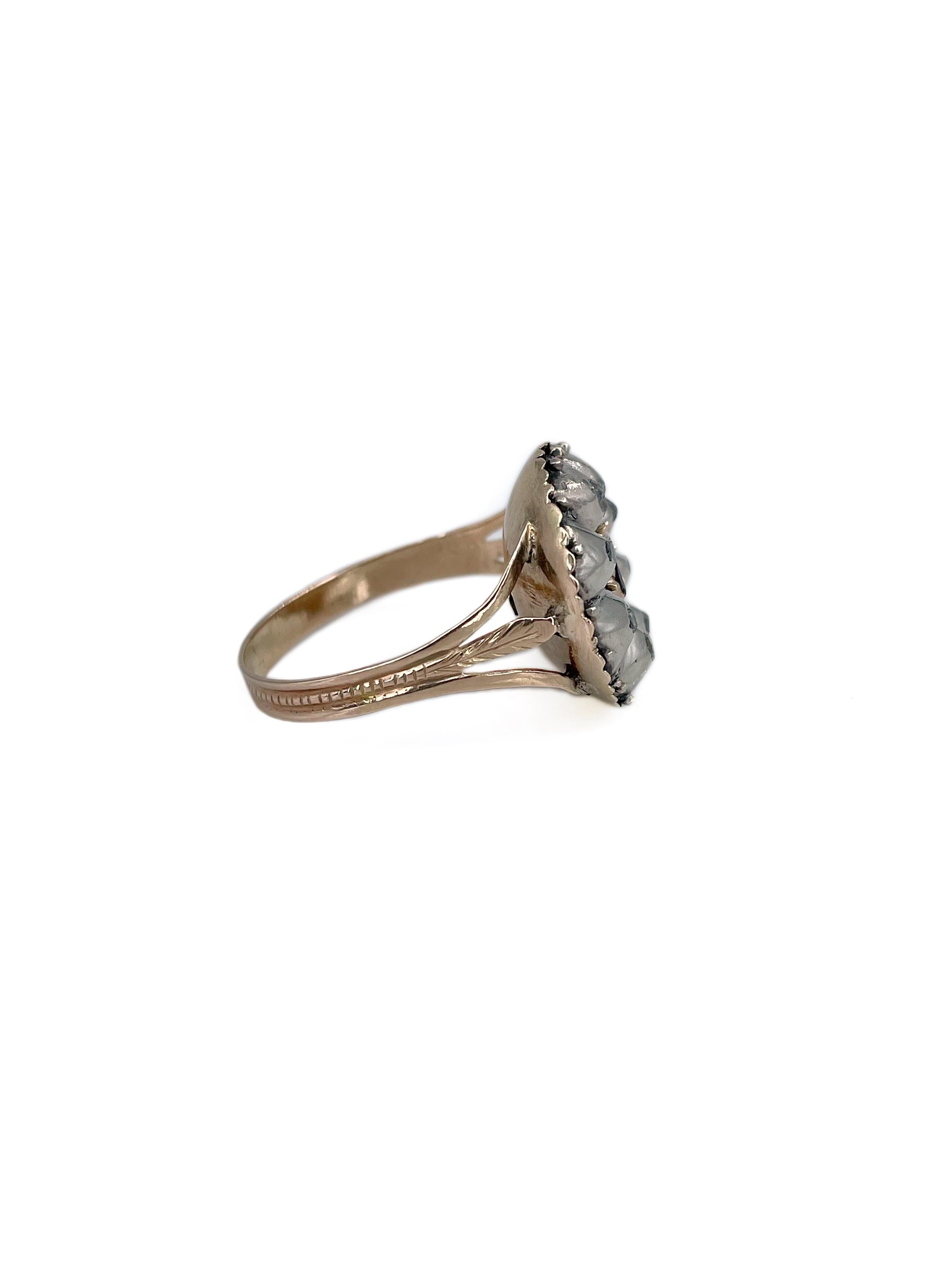 Georgian 14 Karat Gold Silver Ruby Rose Cut Diamond Cluster Ring In Good Condition In Vilnius, Vilniaus apskr.