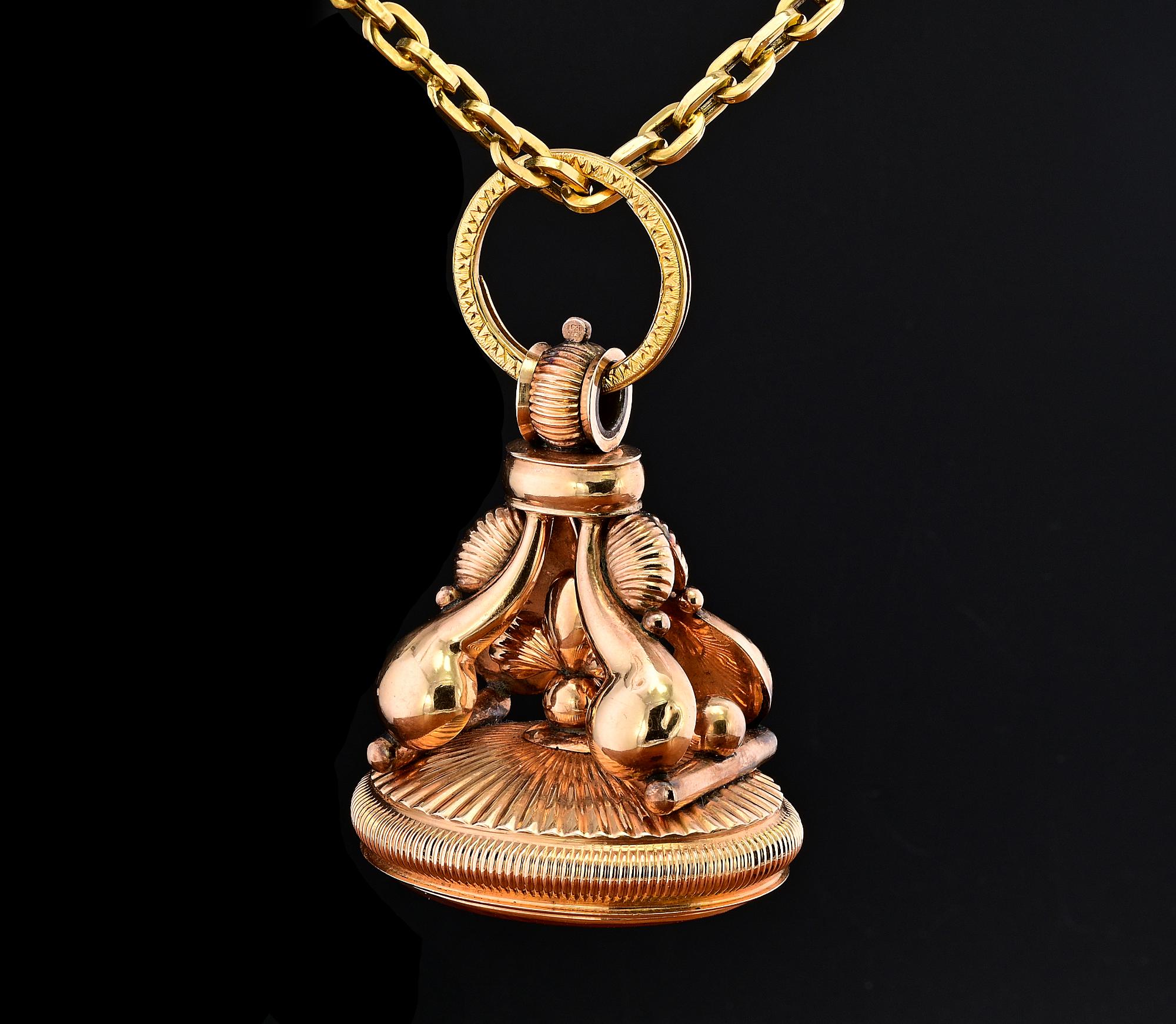 This superb antique Georgian period Carnelian Fob is from Prague bearing hallmarks dated 1806 – solid 14 Kt gold
Magnificent in shape and superb Georgian workmanship, pretty large in size
Hanging from a solid 18 KT solid gold chain connected to a