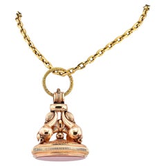 Grand bouton en cornaline géorgienne 14 KT 1806 Plus chaîne 18 KT