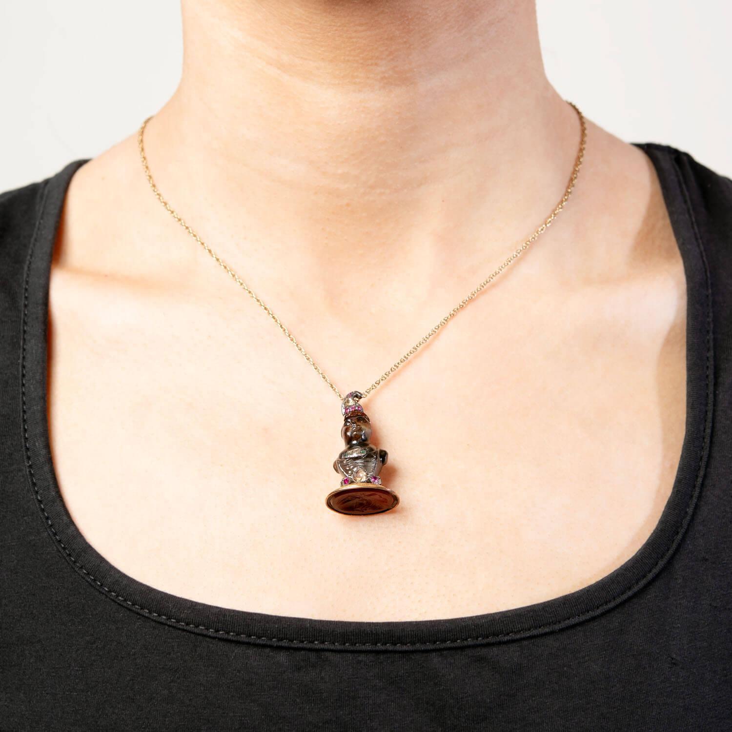 Women's or Men's Georgian 14k Agate, Diamond, Ruby, and Emerald Carved Bust Seal Pendant For Sale