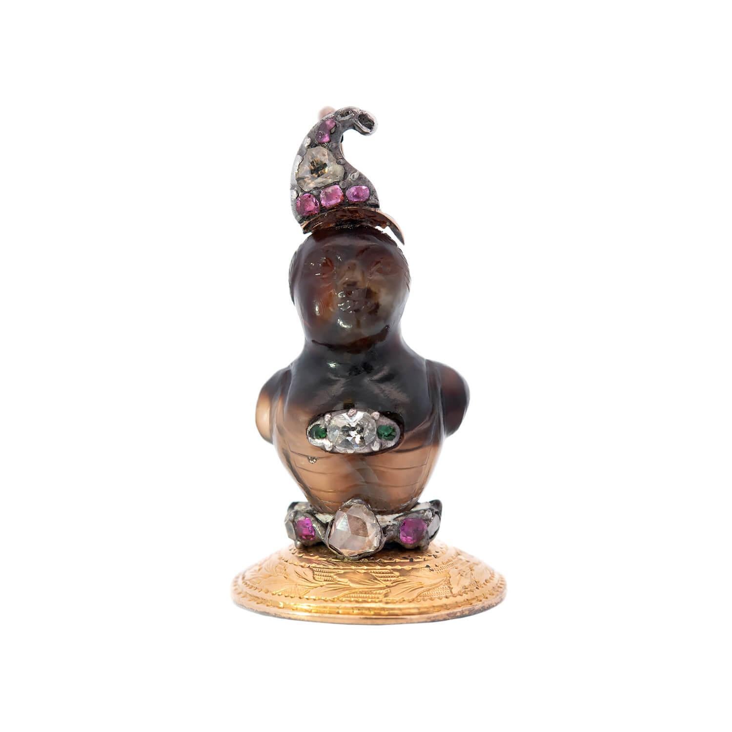Colgante georgiano de 14 quilates con ágata, diamante, rubí y esmeralda tallados con el sello del busto en venta
