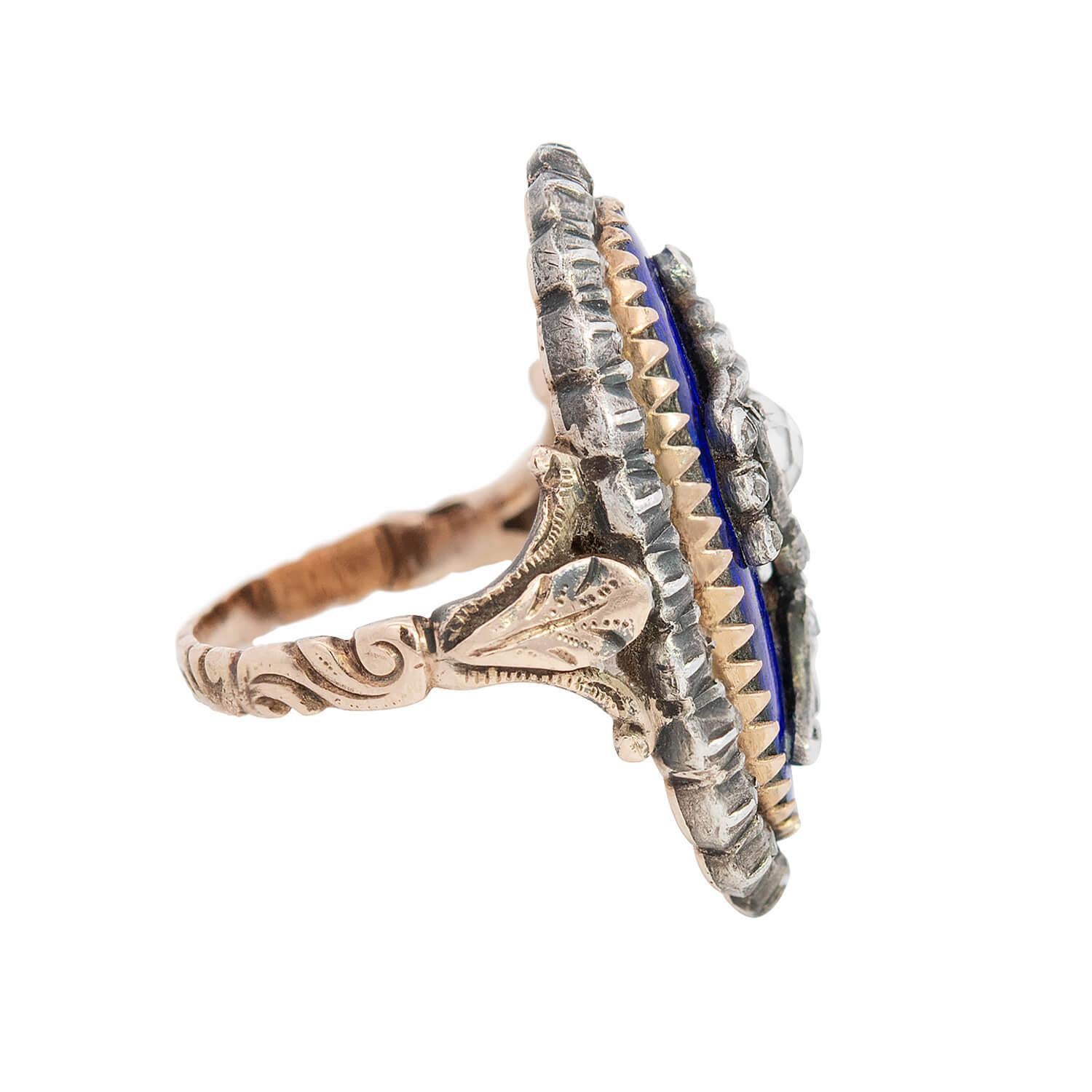 Rose Cut Georgian 14k and Sterling Silver Diamond and Enamel Urn Ring For Sale