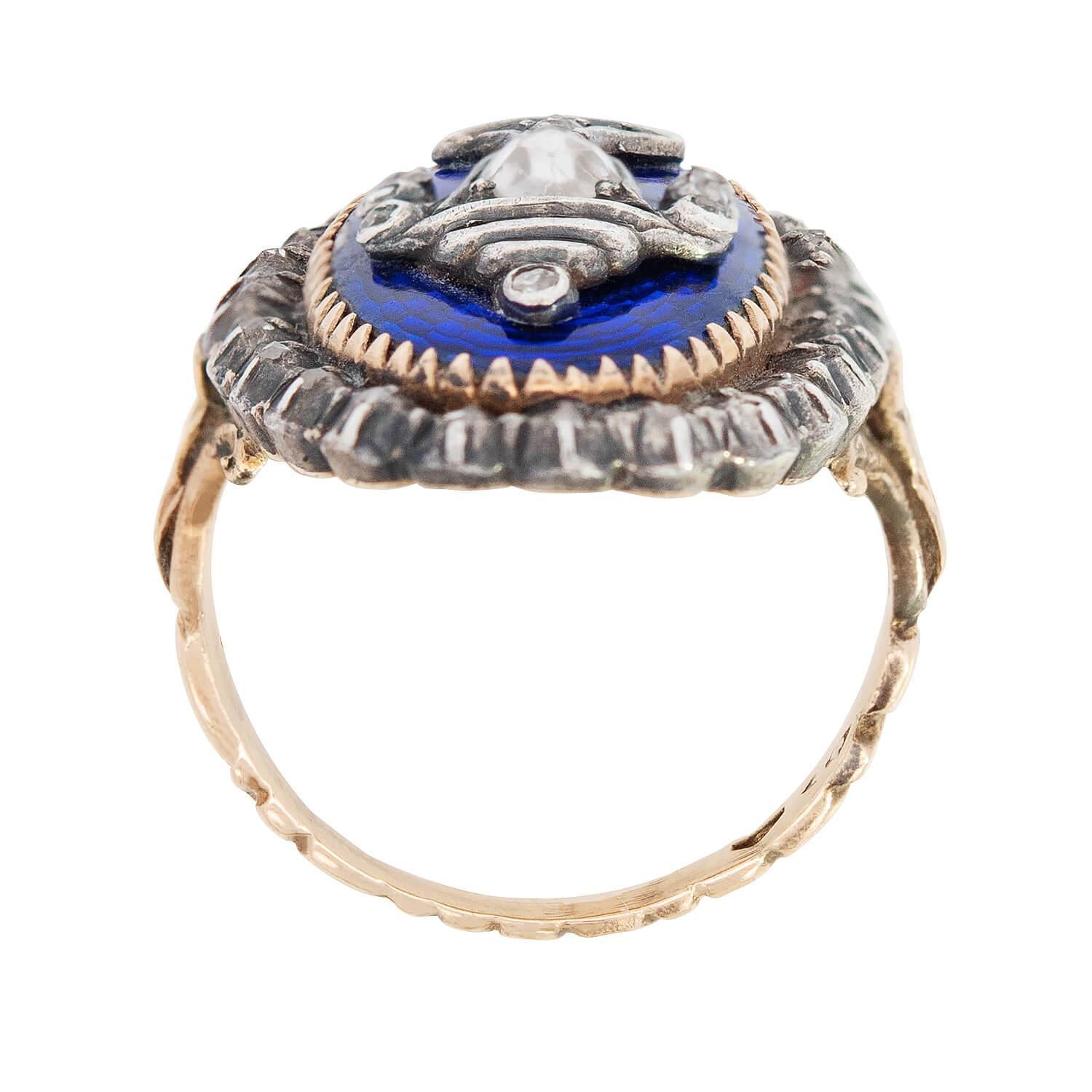Georgian 14k and Sterling Silver Diamond and Enamel Urn Ring In Good Condition For Sale In Narberth, PA