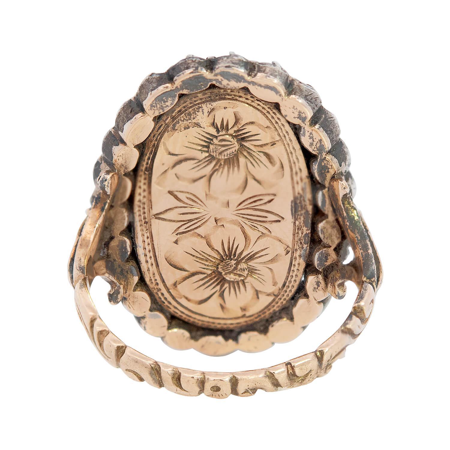 Women's or Men's Georgian 14k and Sterling Silver Diamond and Enamel Urn Ring For Sale