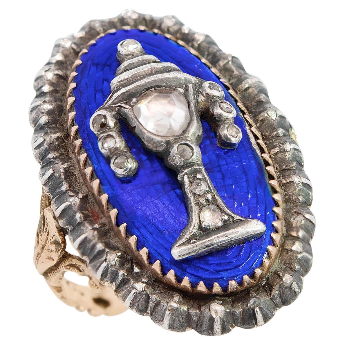 Georgianischer Urnenring aus 14k und Sterlingsilber mit Diamant und Emaille im Angebot