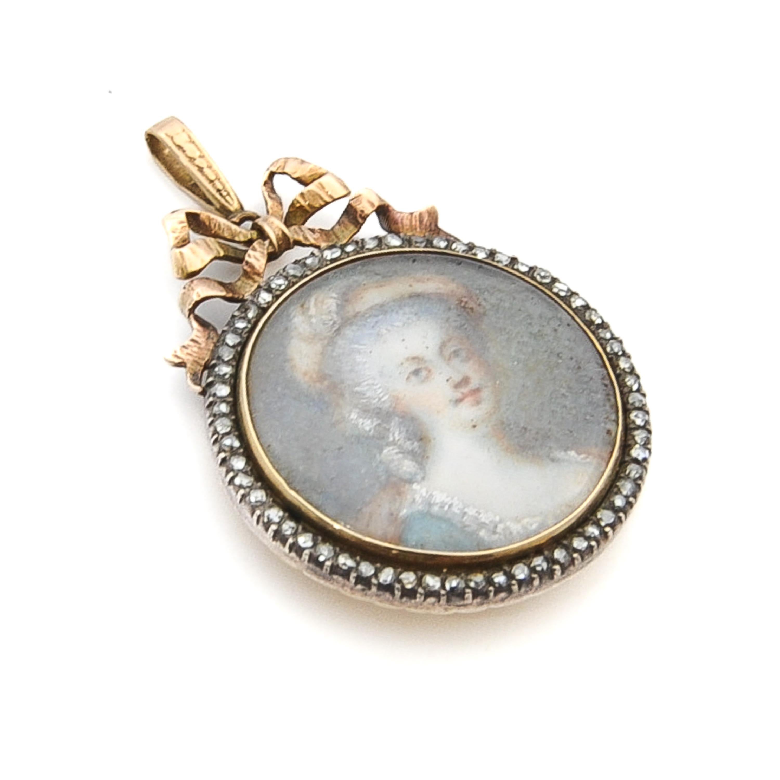 Rose Cut Antique Georgian Diamond and Gold Miniature Portrait Pendant For Sale