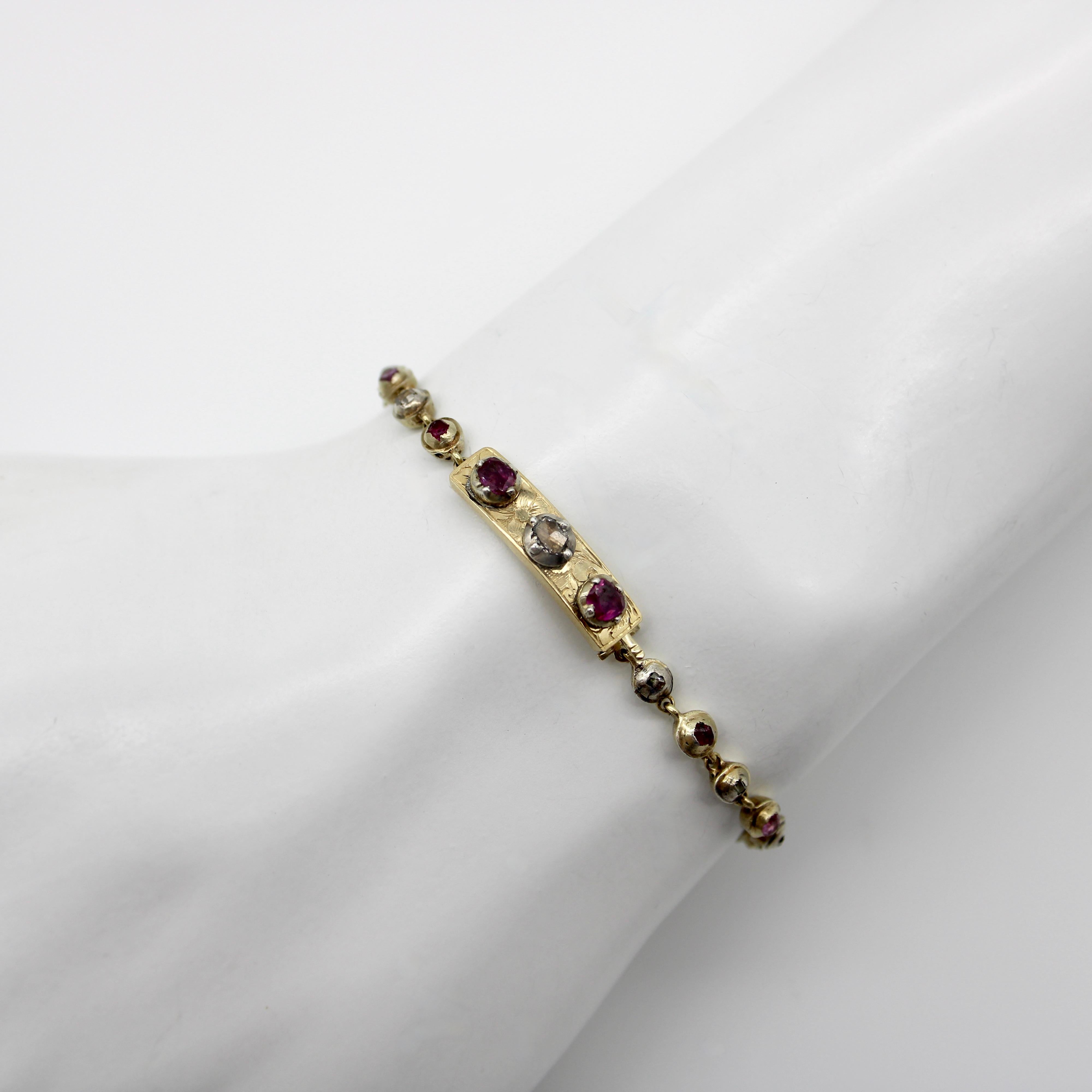 Bracelet géorgien en or 14 carats avec diamants et rubis en vente 2