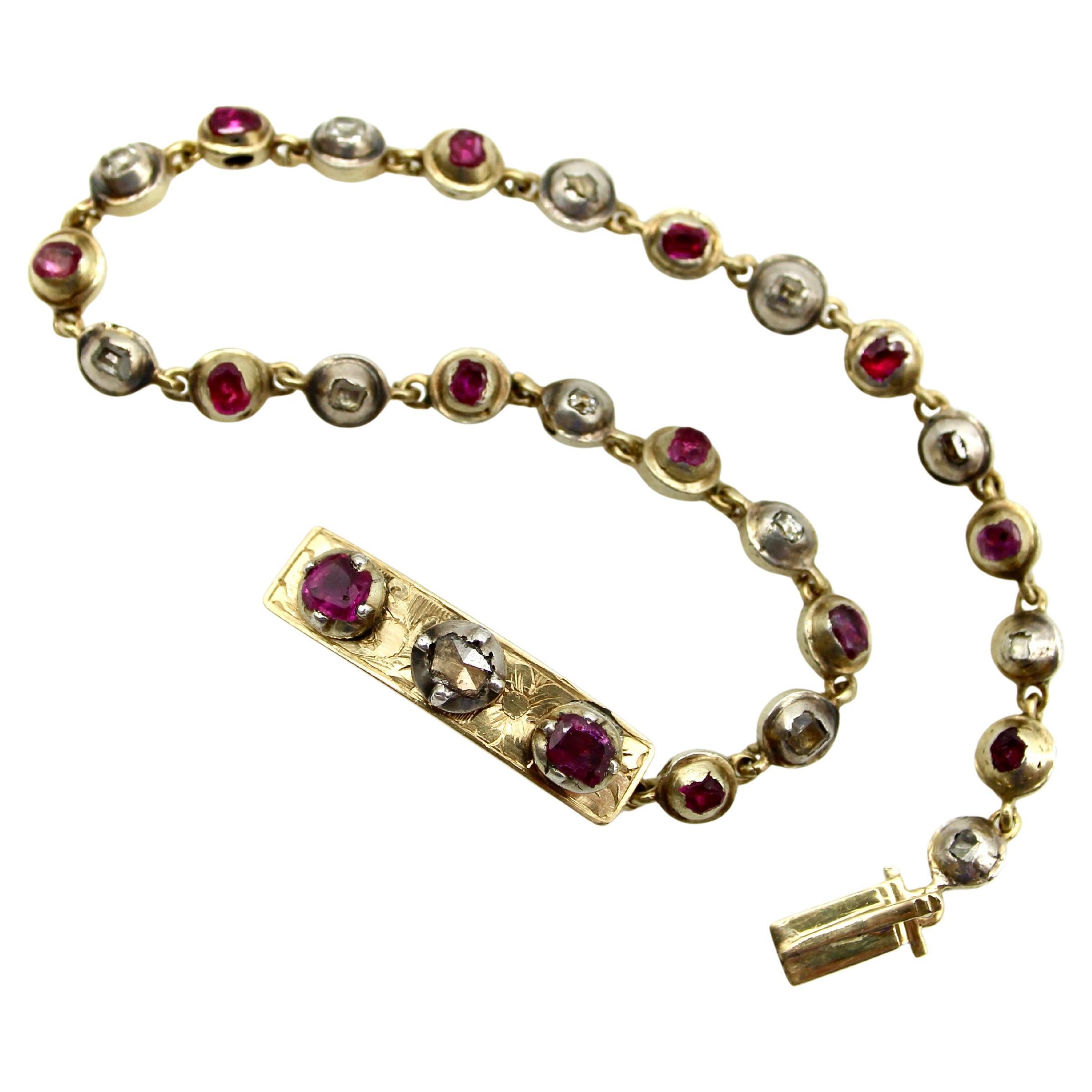 Georgian 14K Gold Diamond Ruby Bracelet