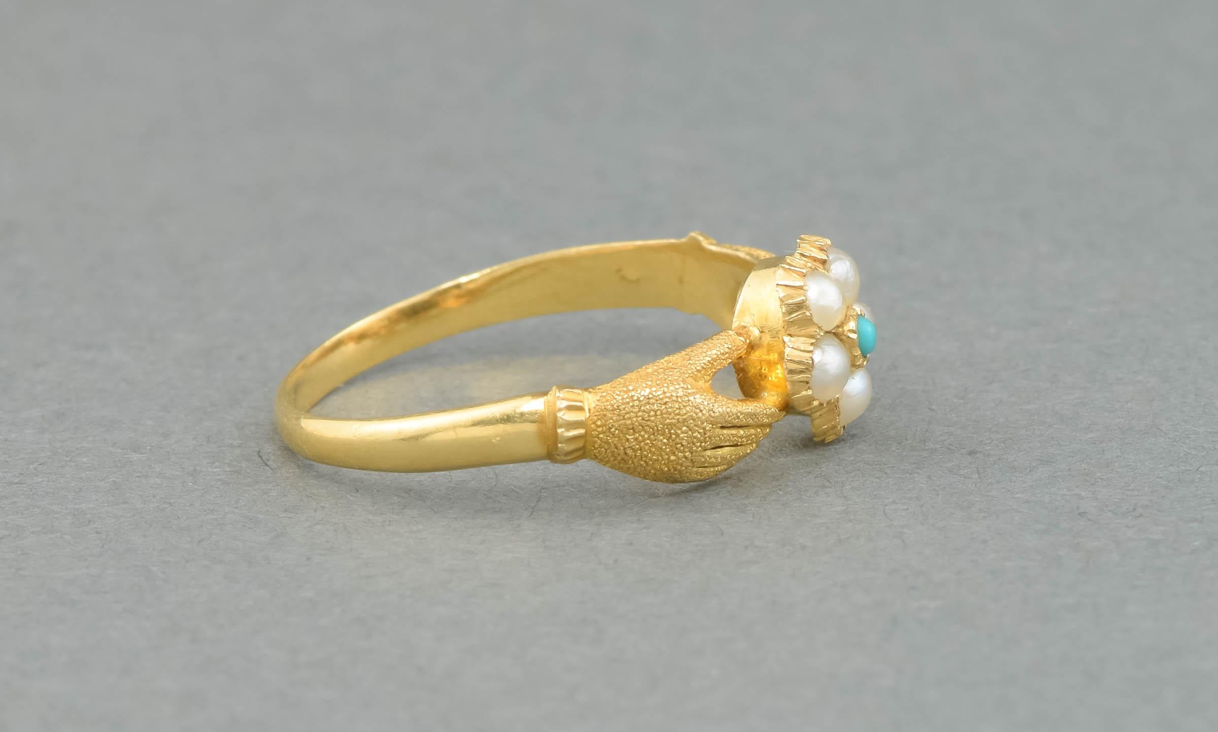 Georgian 14k Gold Fede Ring with Locket Compartment & Pearl & Turquoise Flower In Good Condition In Danvers, MA