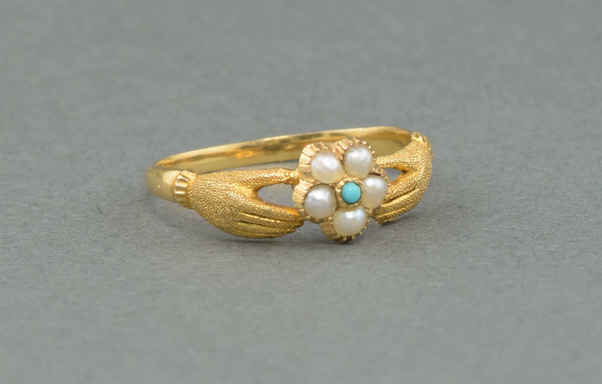 Women's Georgian 14k Gold Fede Ring with Locket Compartment & Pearl & Turquoise Flower