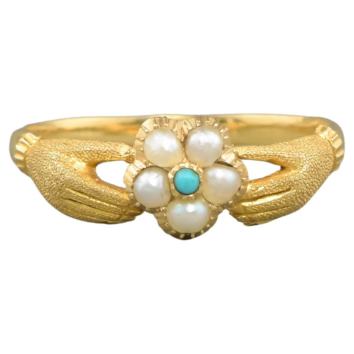 Georgian 14k Gold Fede Ring with Locket Compartment & Pearl & Turquoise Flower