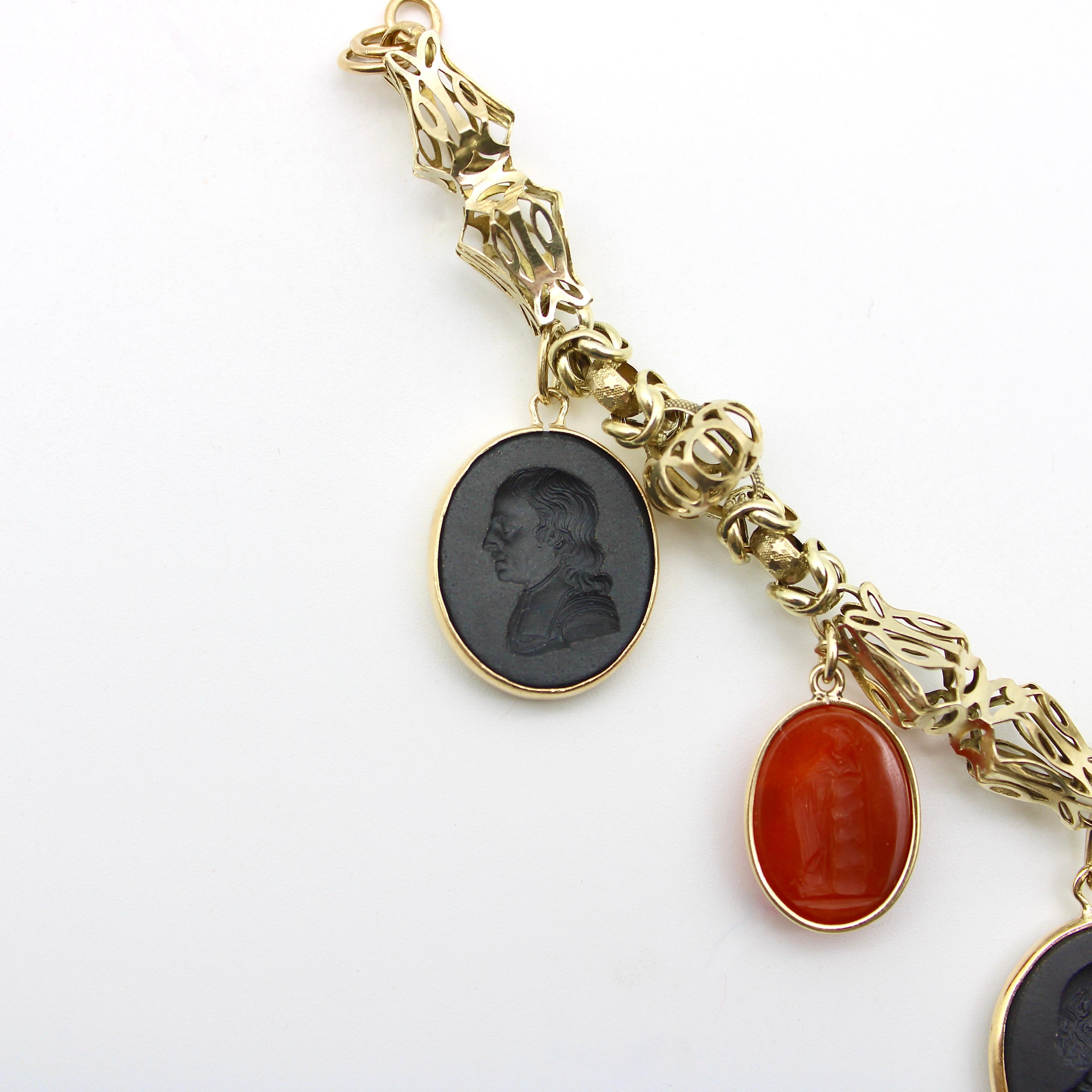Women's or Men's Georgian 14K Gold Handmade Fancy Link Bracelet with Wedgwood Intaglio Charms For Sale