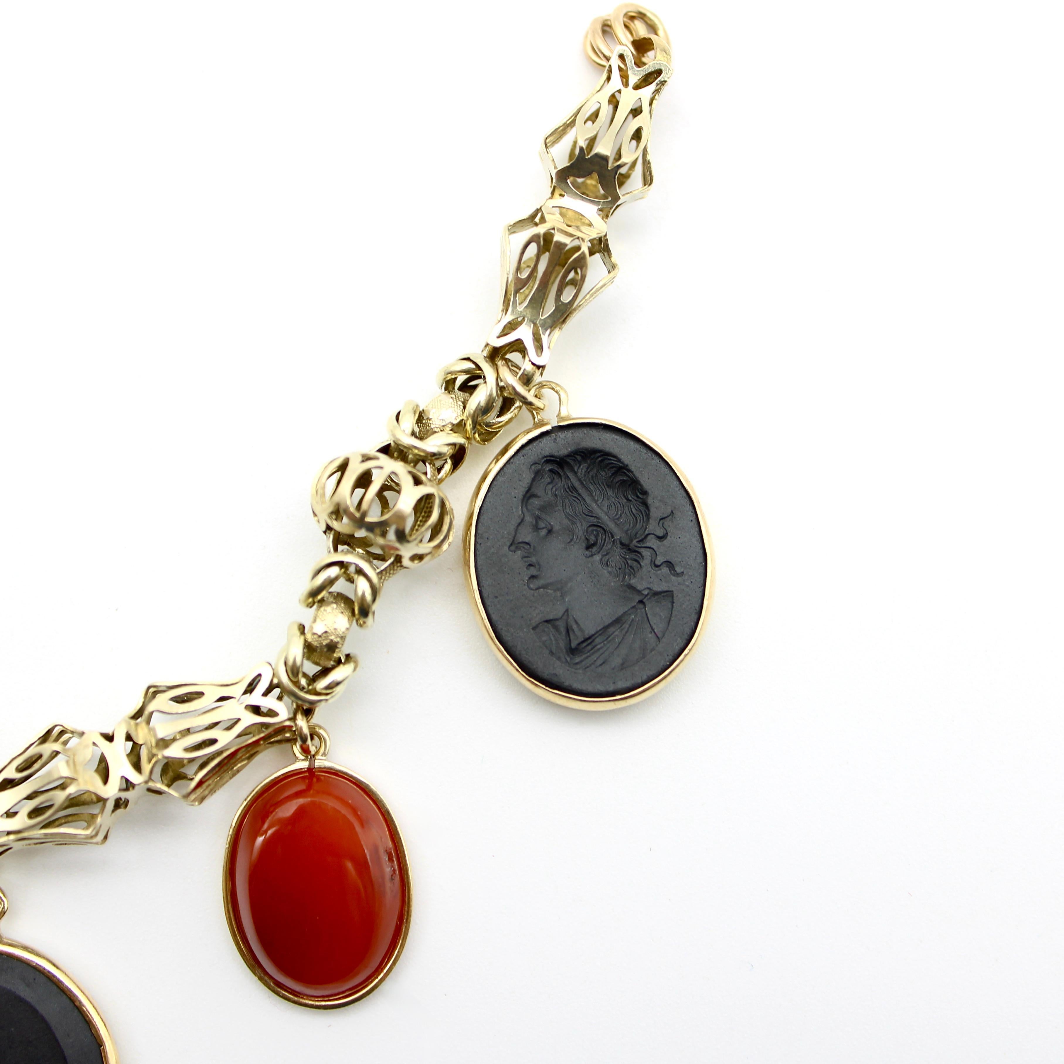 Georgian 14K Gold Handmade Fancy Link Bracelet with Wedgwood Intaglio Charms For Sale 1
