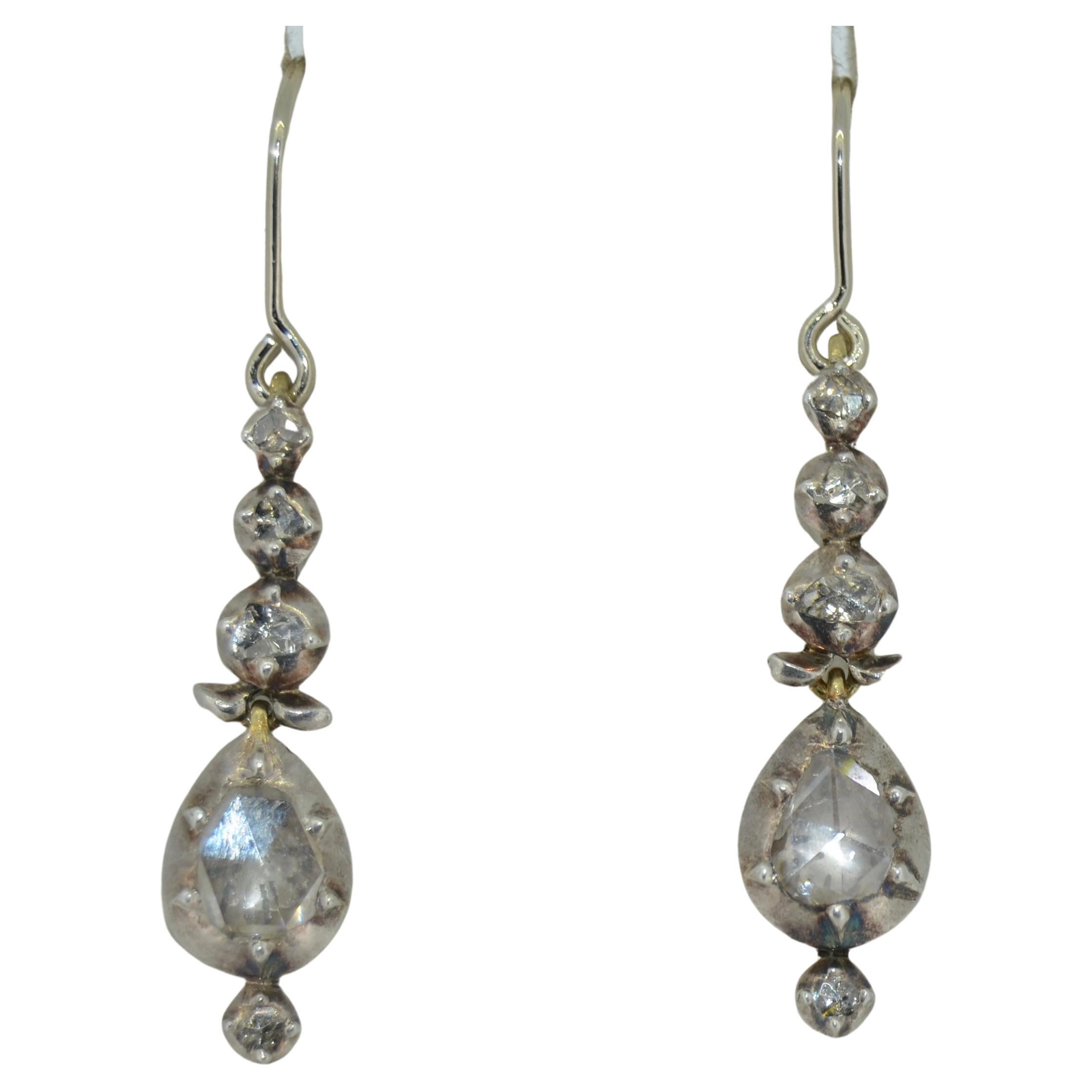 Georgian 14K 
Silver Diamond Drop Earrings For Sale