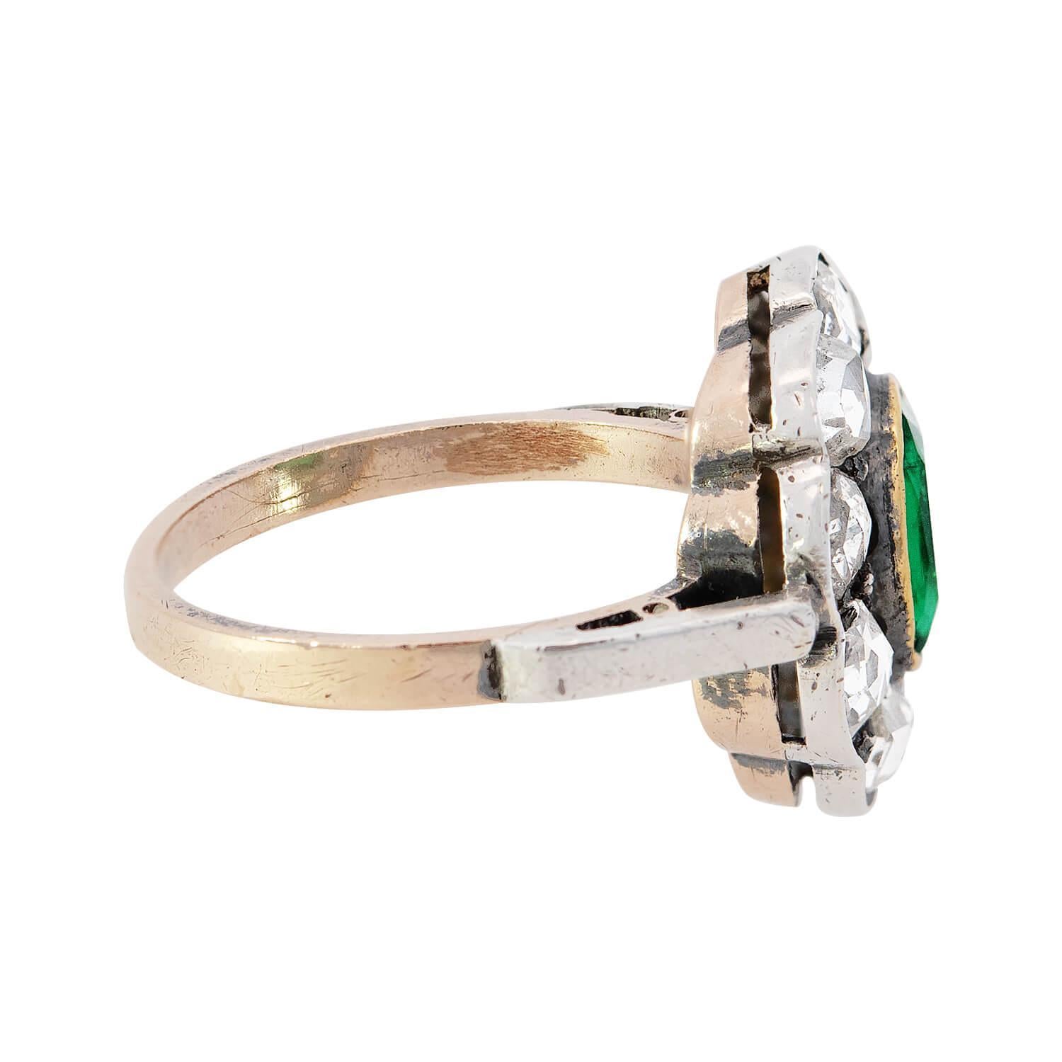 Oval Cut Georgian 14k/Sterling Silver Emerald and Diamond Halo Ring For Sale