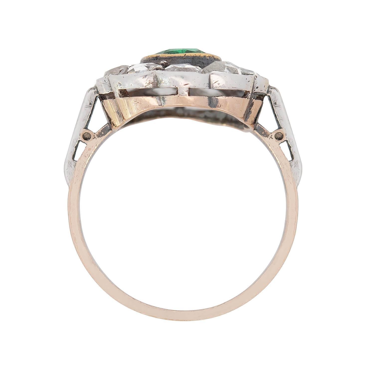 Georgian 14k/Sterling Silver Emerald and Diamond Halo Ring In Good Condition For Sale In Narberth, PA