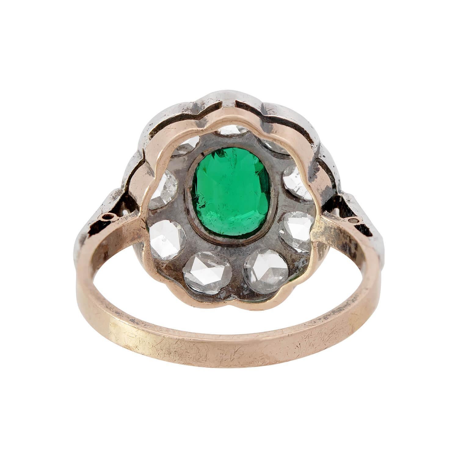 Women's Georgian 14k/Sterling Silver Emerald and Diamond Halo Ring For Sale