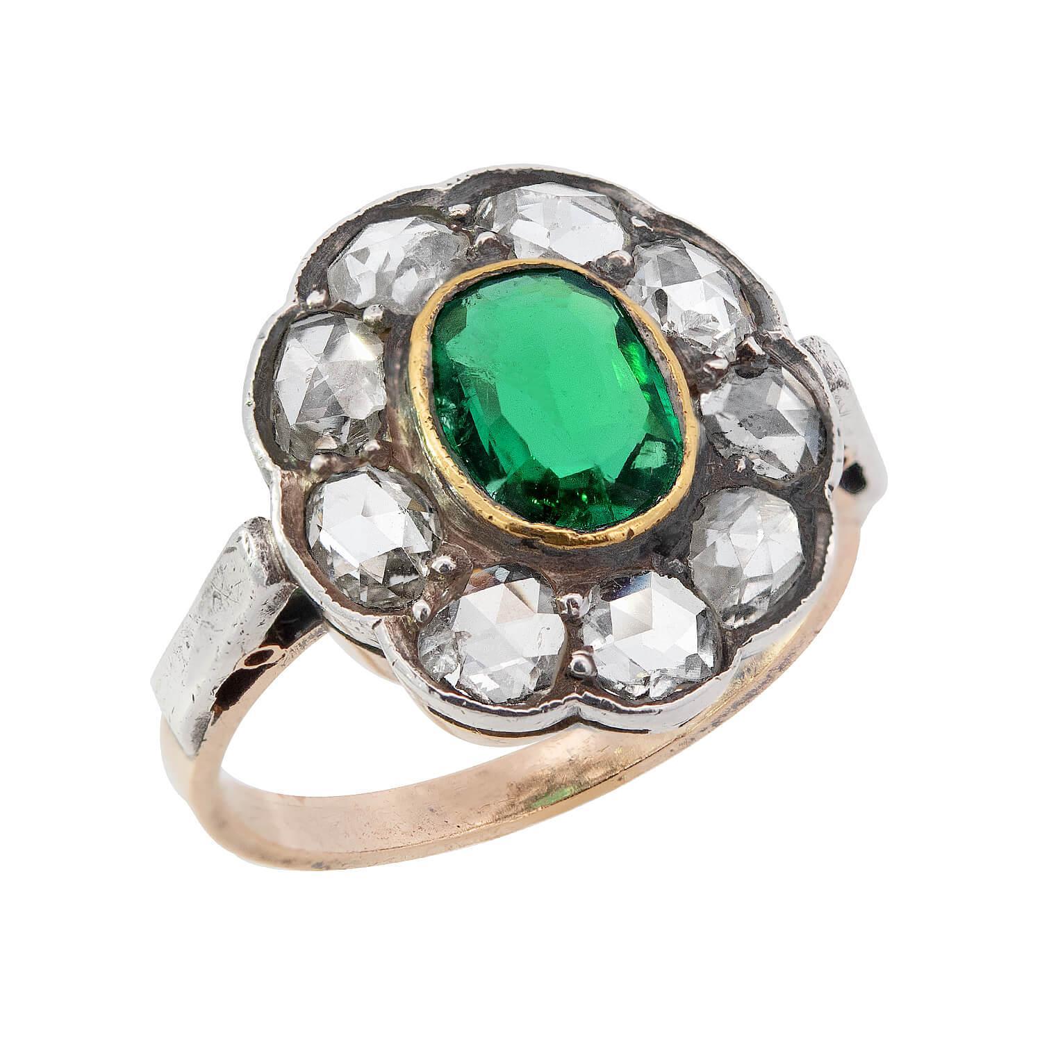 Georgianischer 14k/Sterlingsilber-Halo-Ring mit Smaragd und Diamant