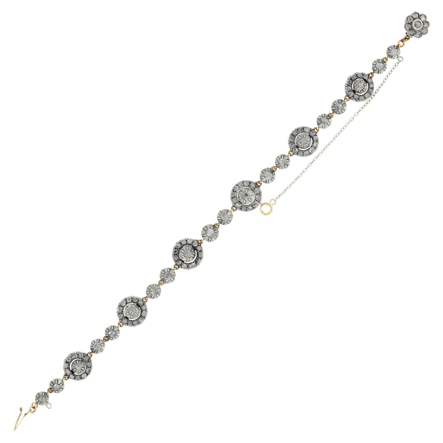 Bracelet géorgien en argent sterling 14 carats avec diamants taille rose 2 carats