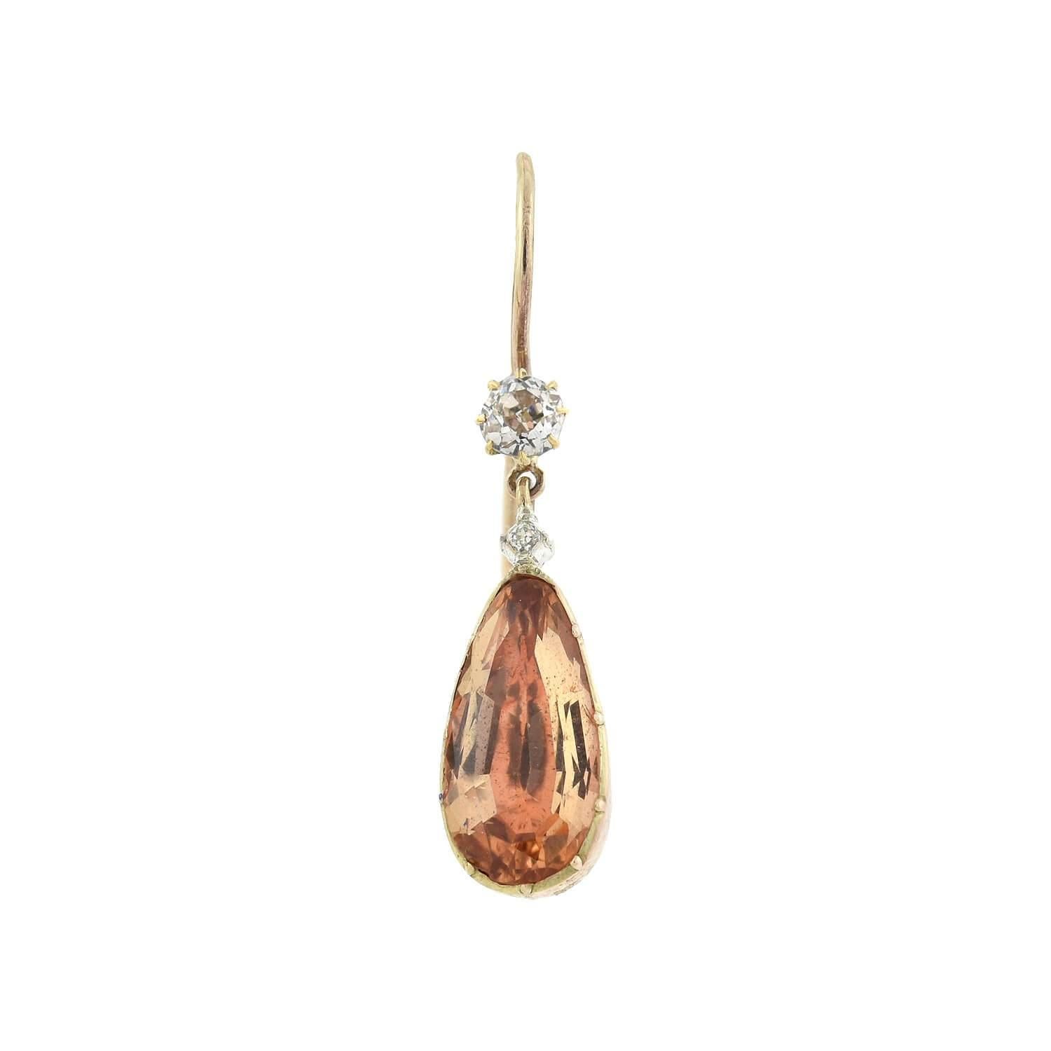 Pear Cut Georgian 14kt Diamond + Imperial Topaz Earrings and Pendant Set