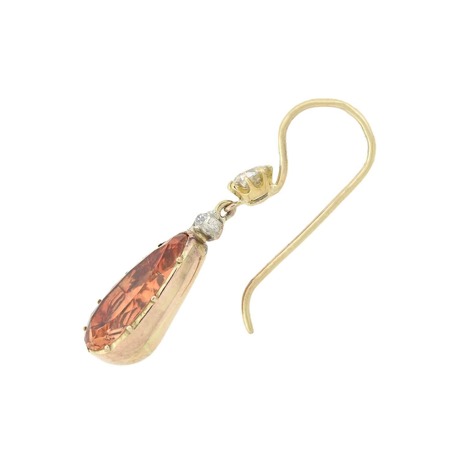 Georgian 14kt Diamond + Imperial Topaz Earrings and Pendant Set In Good Condition In Narberth, PA