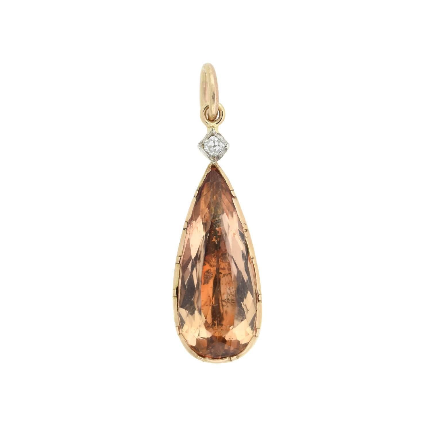Georgian 14kt Diamond + Imperial Topaz Earrings and Pendant Set 1