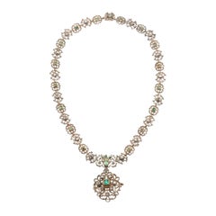 Georgian 14kt / Sterling Table Cut Diamond + Emerald Necklace with Pin / Pendant