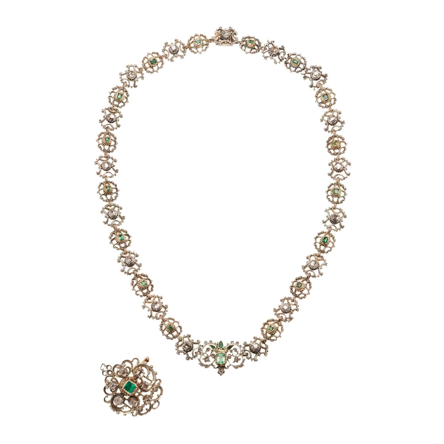 Georgianische 14kt / Sterling Tischschliff Diamant + Smaragd Halskette mit Anstecknadel / Anhänger im Zustand „Relativ gut“ in Narberth, PA
